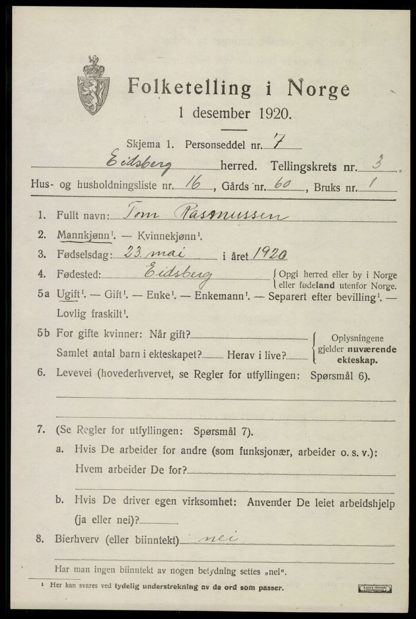 SAO, 1920 census for Eidsberg, 1920, p. 4191