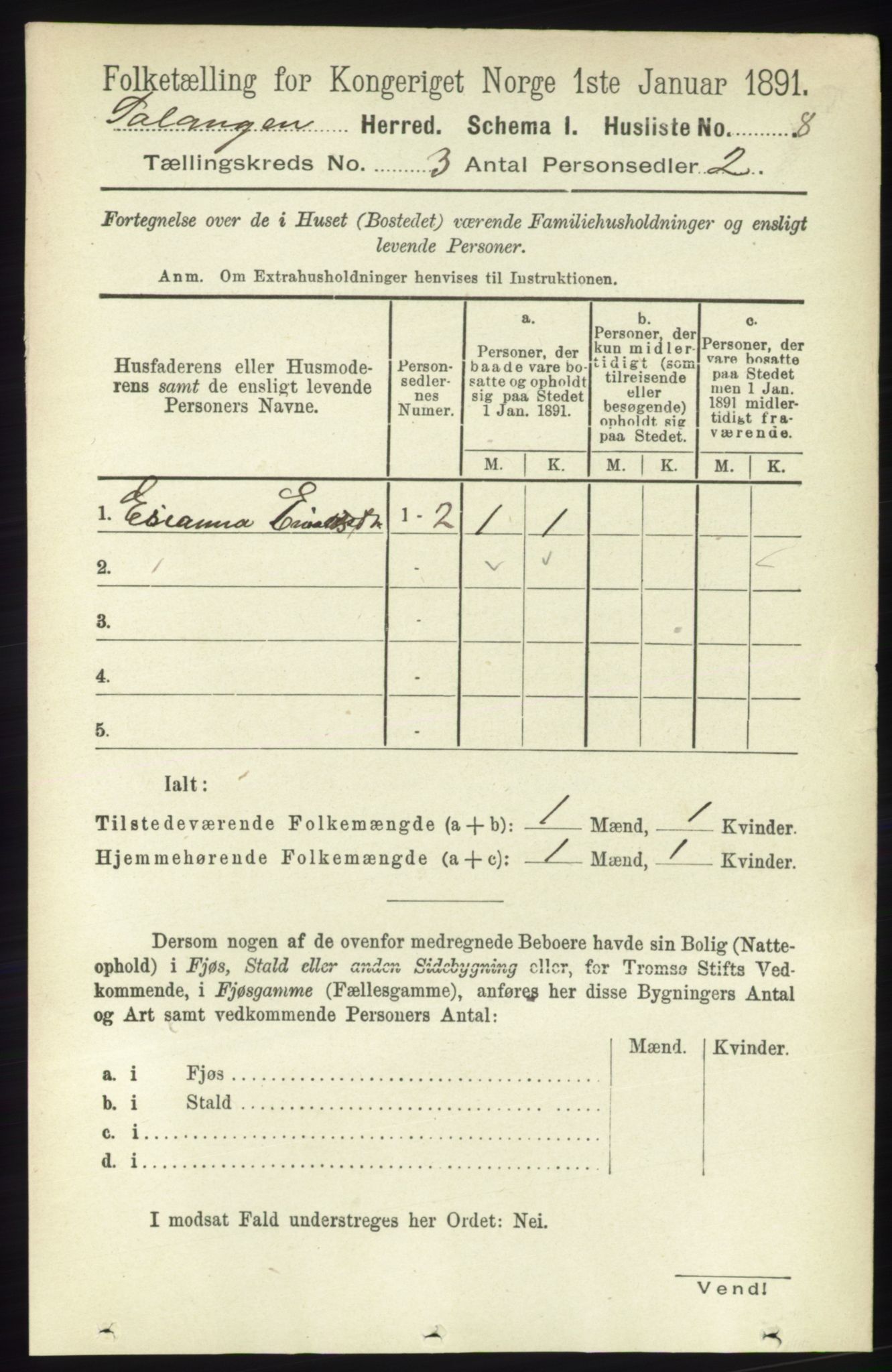 RA, 1891 census for 1921 Salangen, 1891, p. 1154