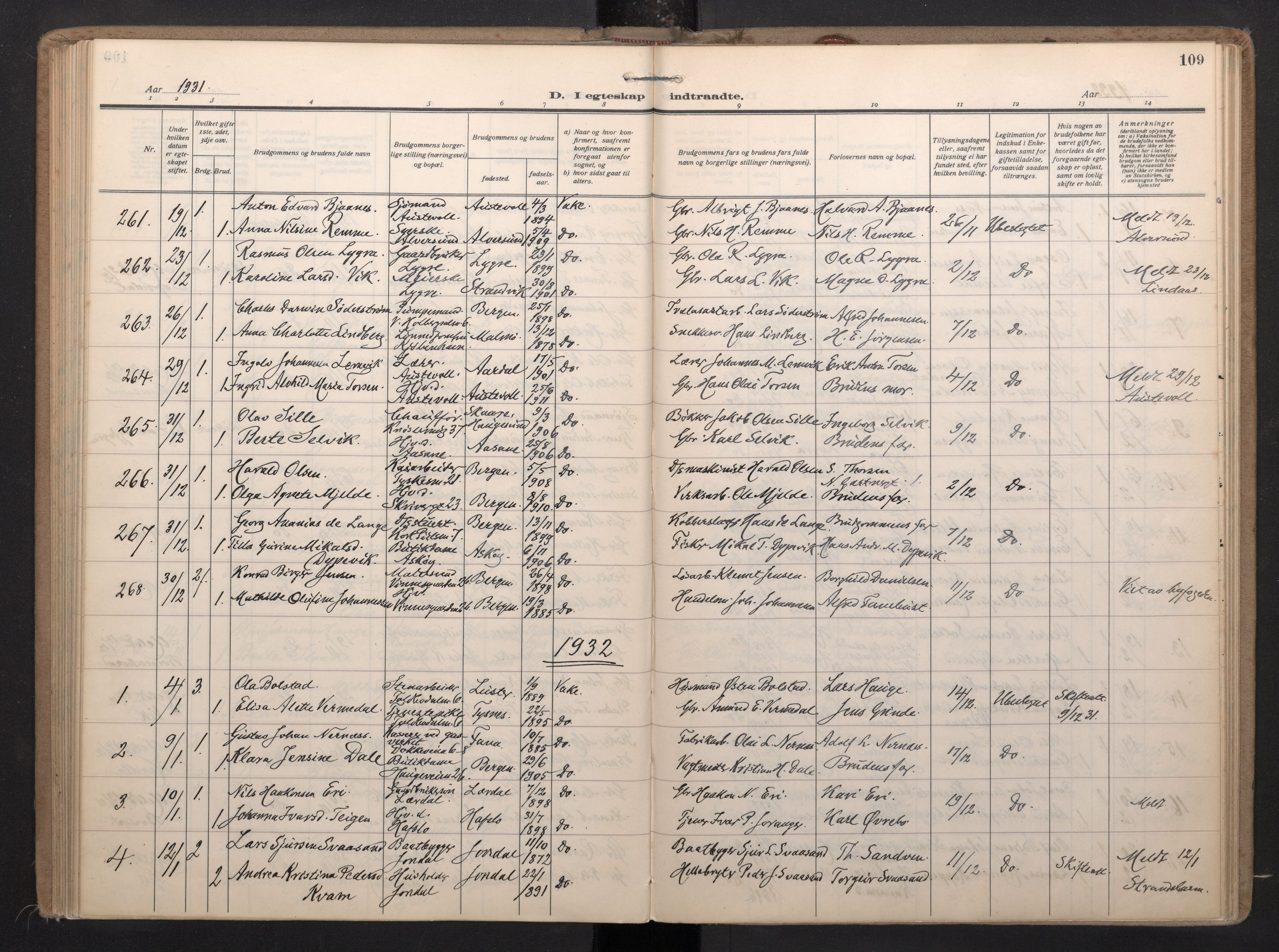 Nykirken Sokneprestembete, AV/SAB-A-77101/H/Haa/L0038: Parish register (official) no. D 8, 1926-1934, p. 108b-109a