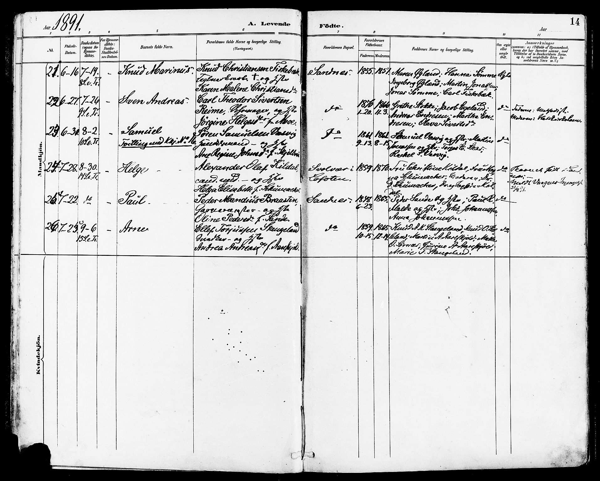 Høyland sokneprestkontor, AV/SAST-A-101799/001/30BA/L0014: Parish register (official) no. A 12, 1890-1898, p. 14