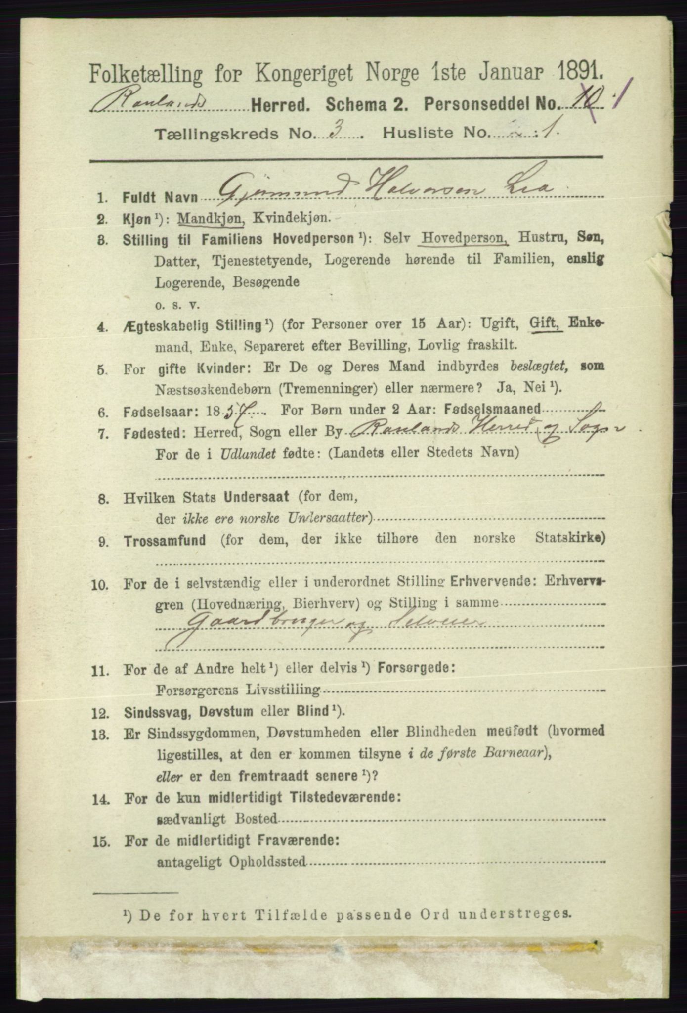 RA, 1891 census for 0835 Rauland, 1891, p. 770