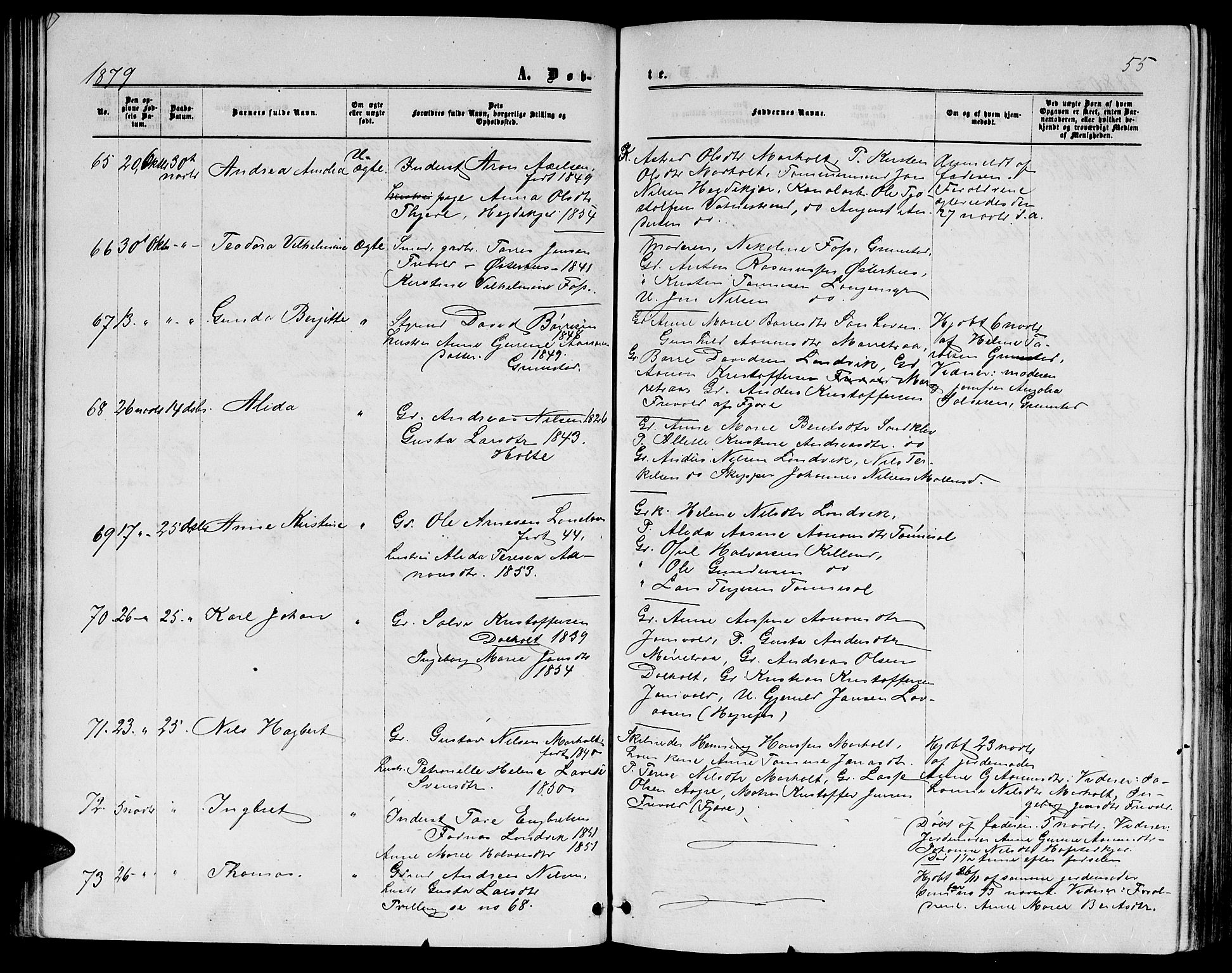 Hommedal sokneprestkontor, AV/SAK-1111-0023/F/Fb/Fbb/L0006: Parish register (copy) no. B 6, 1869-1884, p. 55