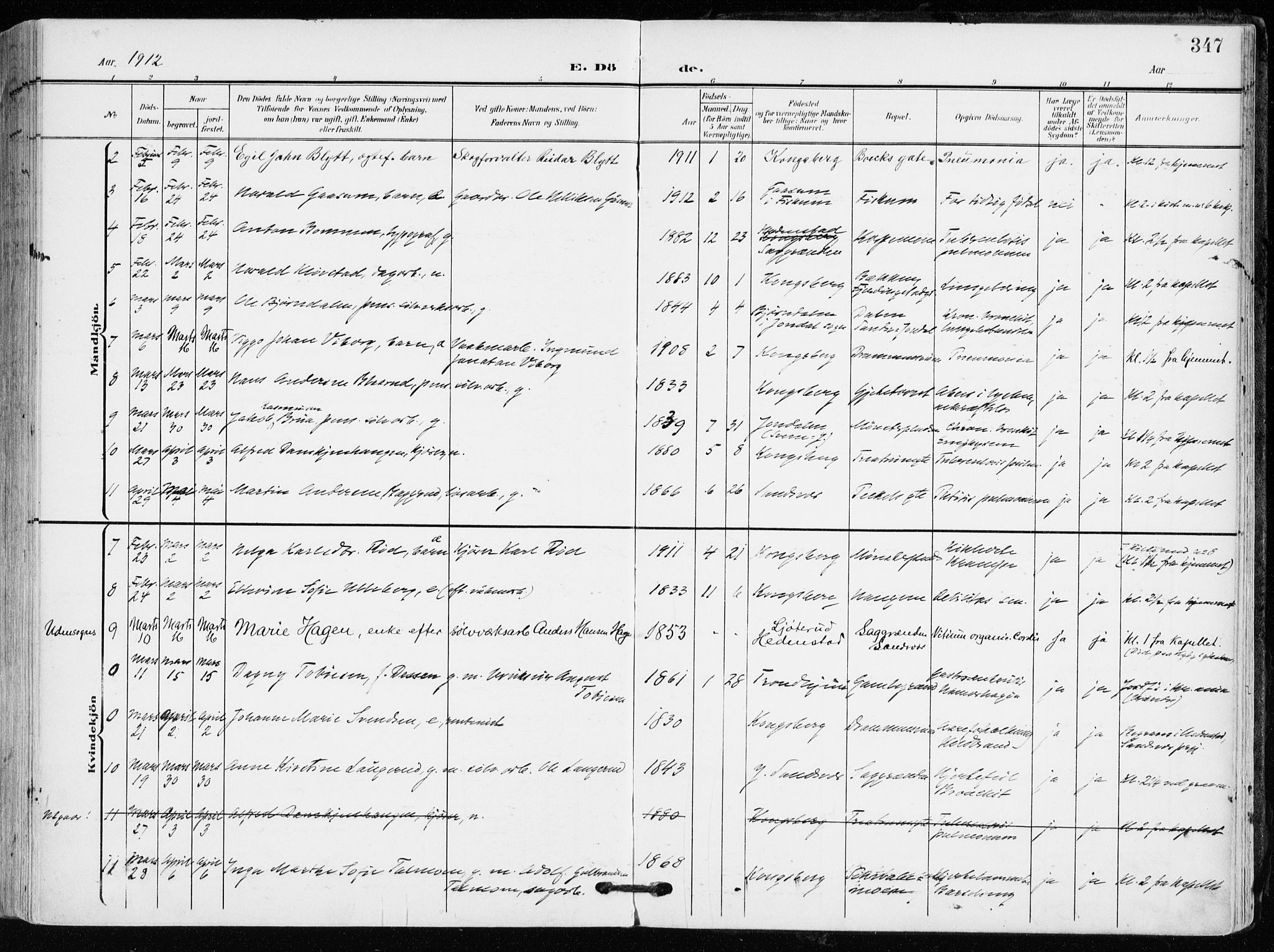 Kongsberg kirkebøker, AV/SAKO-A-22/F/Fb/L0004: Parish register (official) no. II 4, 1906-1918, p. 347