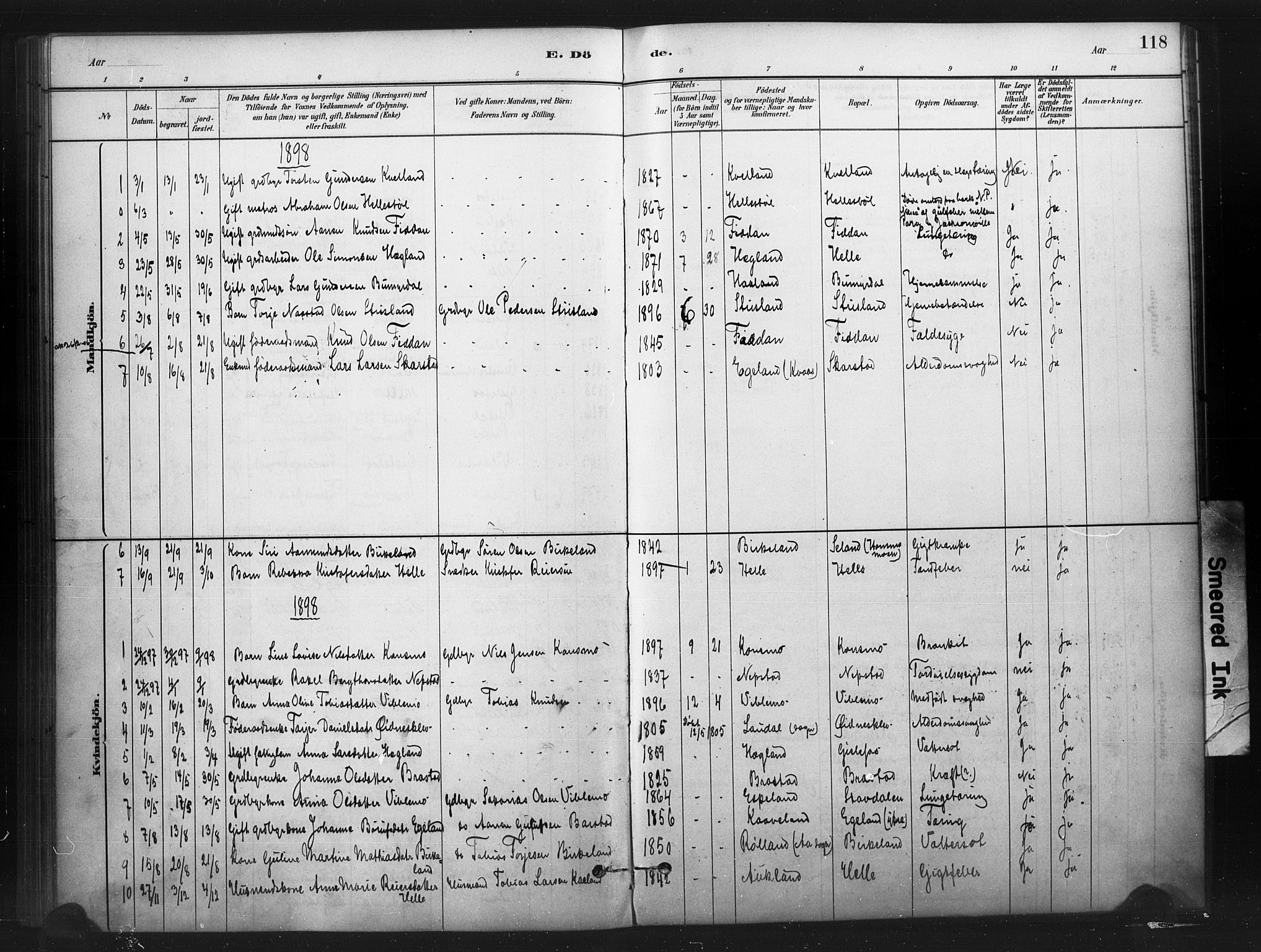 Nord-Audnedal sokneprestkontor, AV/SAK-1111-0032/F/Fa/Faa/L0003: Parish register (official) no. A 3, 1882-1900, p. 118