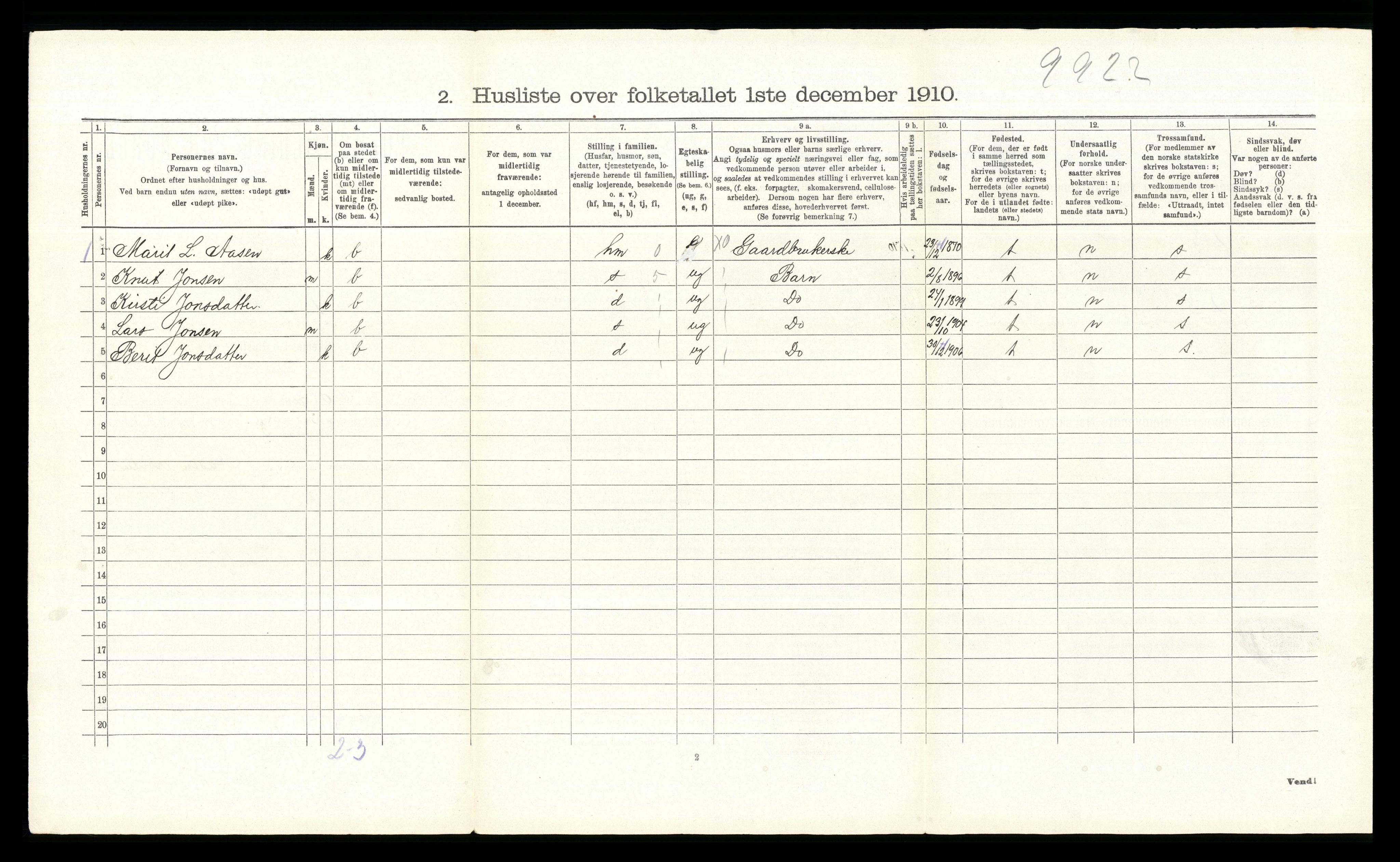 RA, 1910 census for Tolga, 1910, p. 129