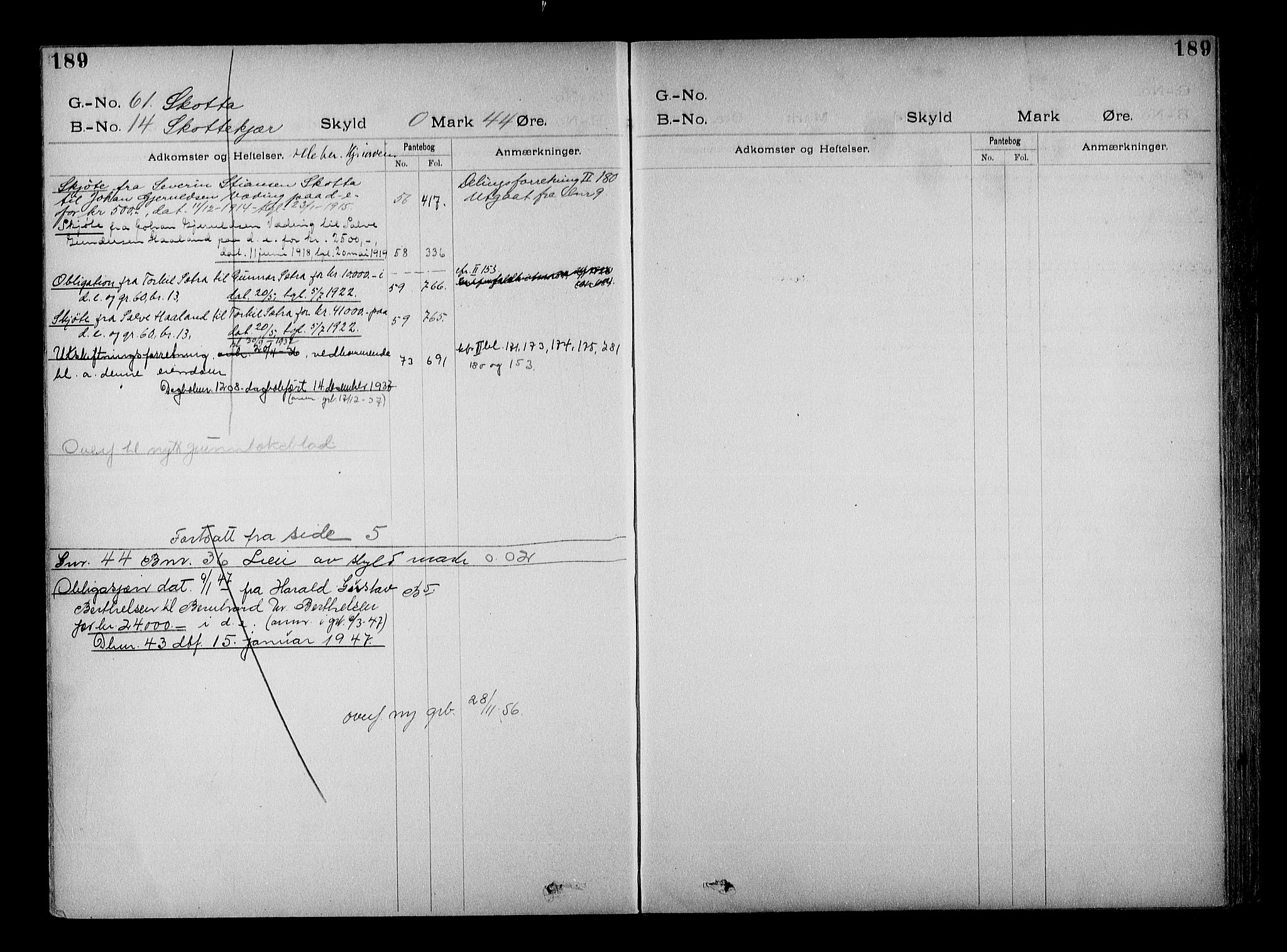 Vestre Nedenes/Sand sorenskriveri, SAK/1221-0010/G/Ga/L0022: Mortgage register no. 15, 1899-1957, p. 189