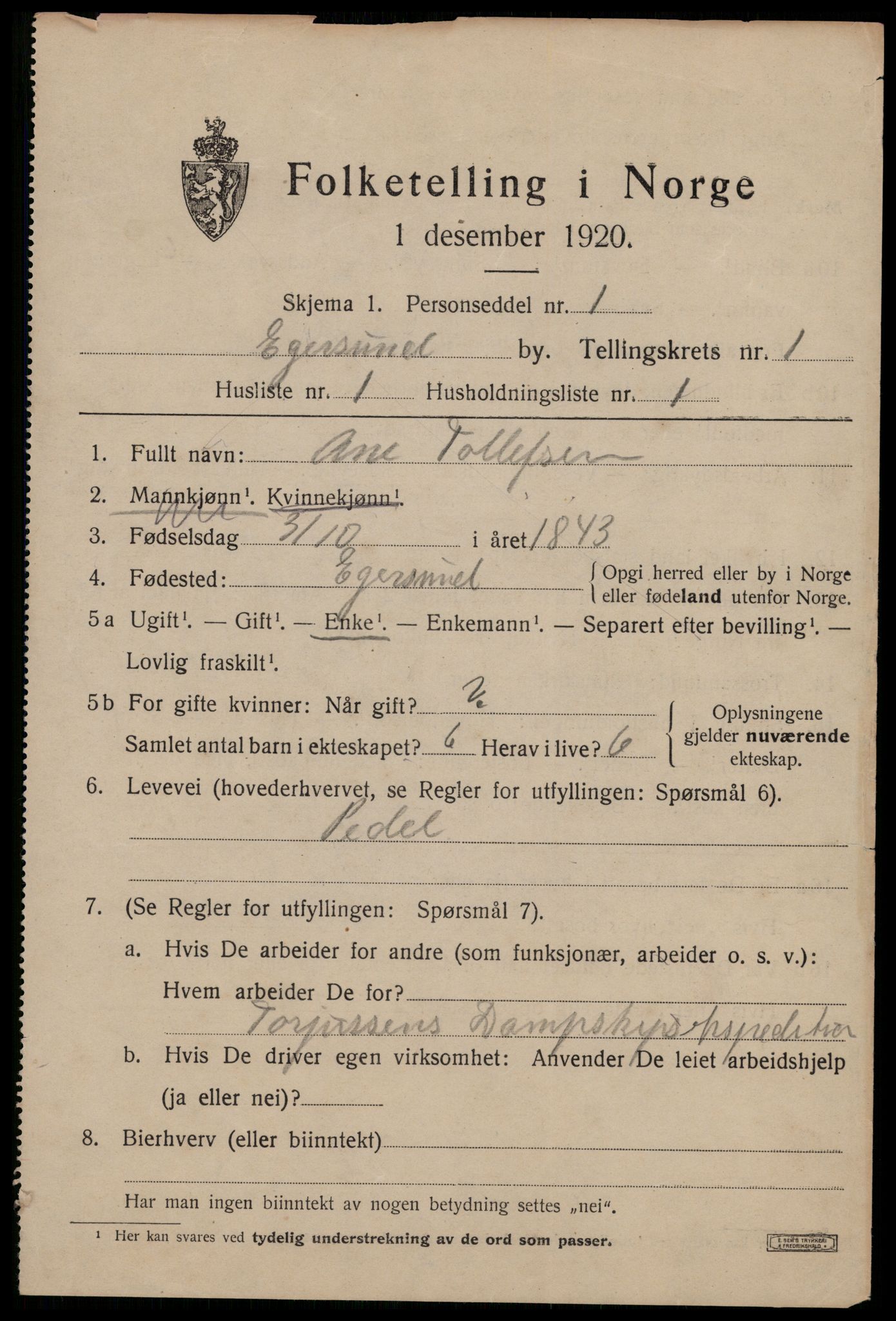 SAST, 1920 census for Egersund town, 1920, p. 2766