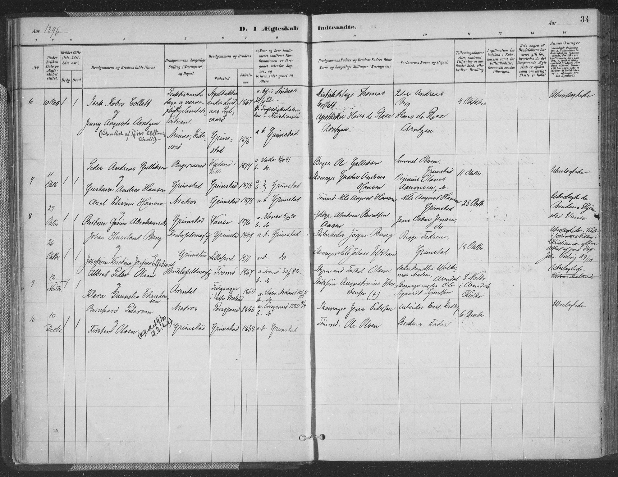 Grimstad sokneprestkontor, AV/SAK-1111-0017/F/Fa/L0004: Parish register (official) no. A 3, 1882-1910, p. 34