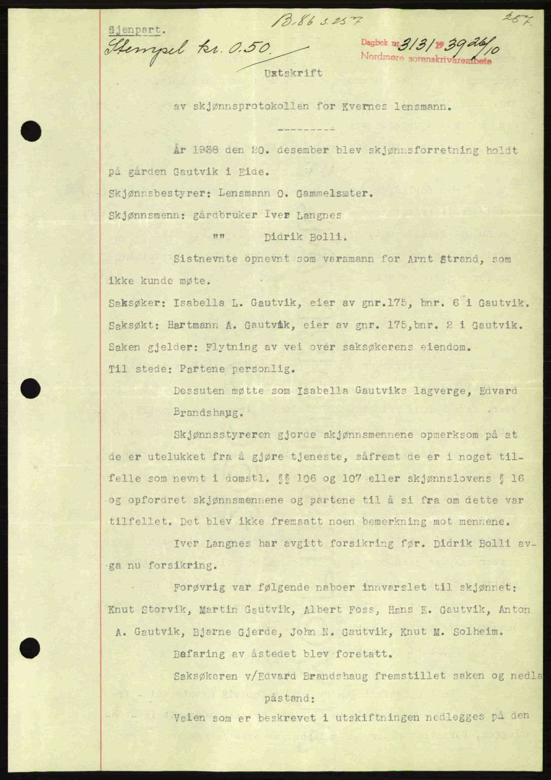 Nordmøre sorenskriveri, AV/SAT-A-4132/1/2/2Ca: Mortgage book no. B86, 1939-1940, Diary no: : 3131/1939