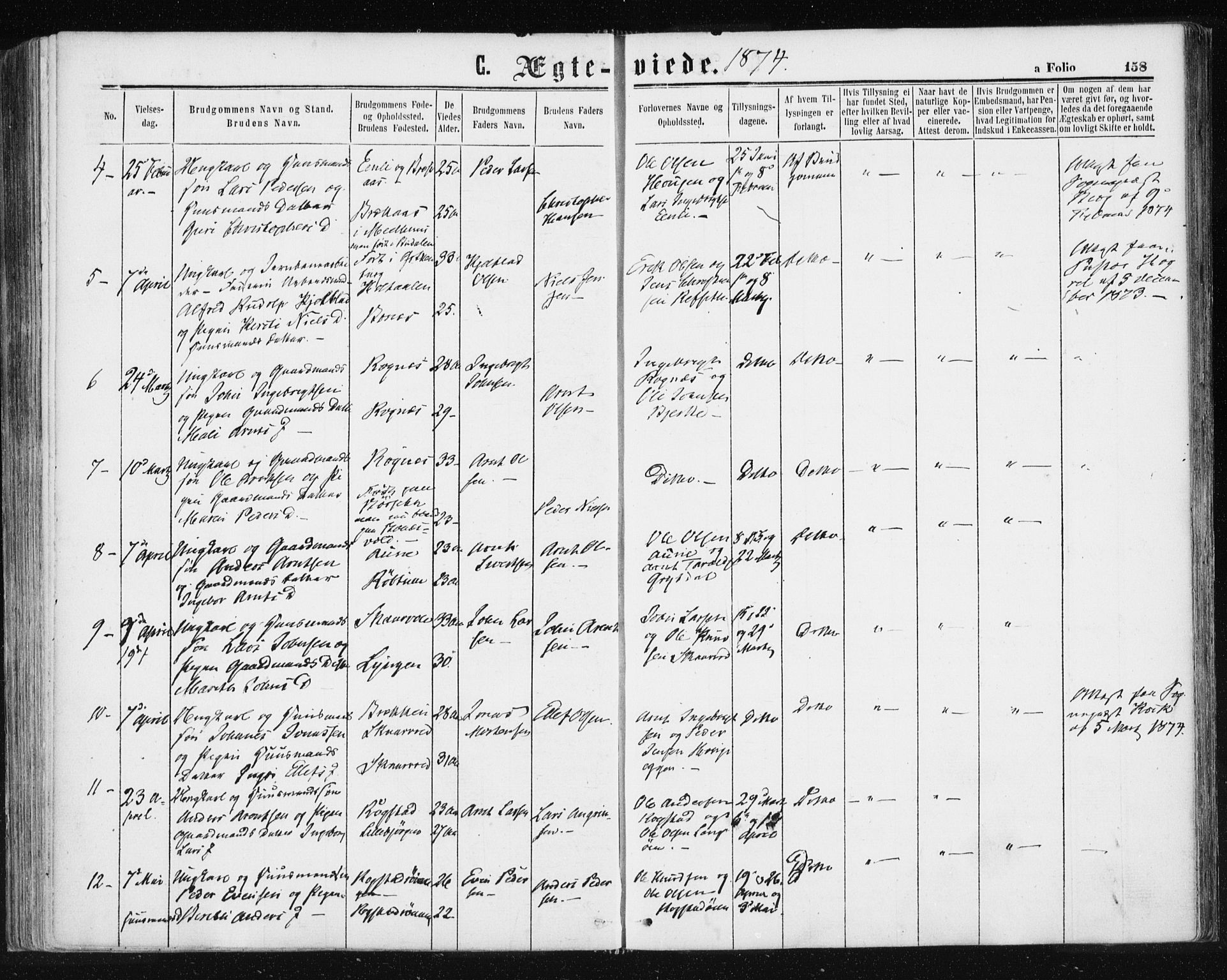 Ministerialprotokoller, klokkerbøker og fødselsregistre - Sør-Trøndelag, AV/SAT-A-1456/687/L1001: Parish register (official) no. 687A07, 1863-1878, p. 158