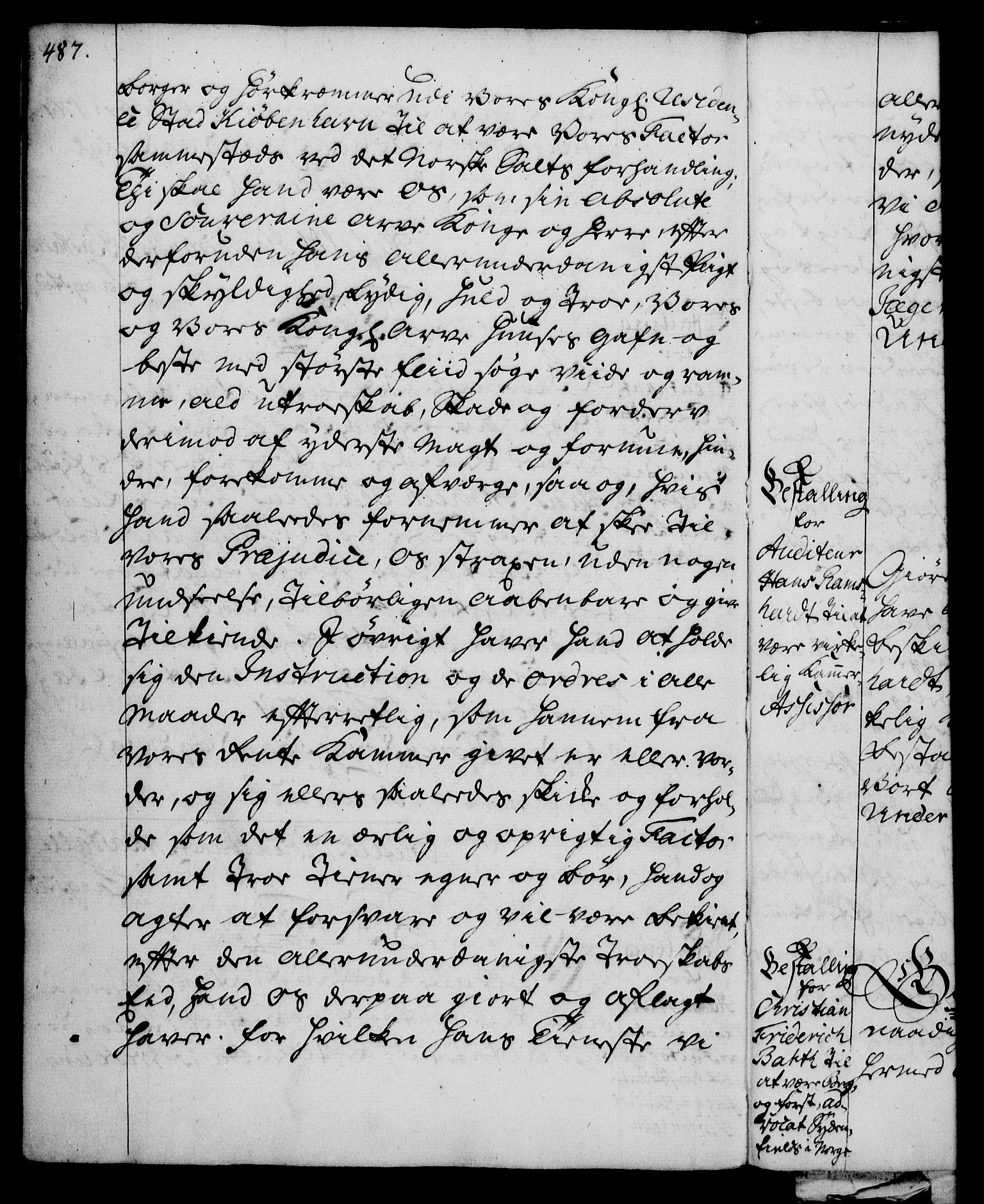 Rentekammeret, Kammerkanselliet, RA/EA-3111/G/Gg/Gge/L0003: Norsk bestallingsprotokoll med register (merket RK 53.27), 1745-1761, p. 487