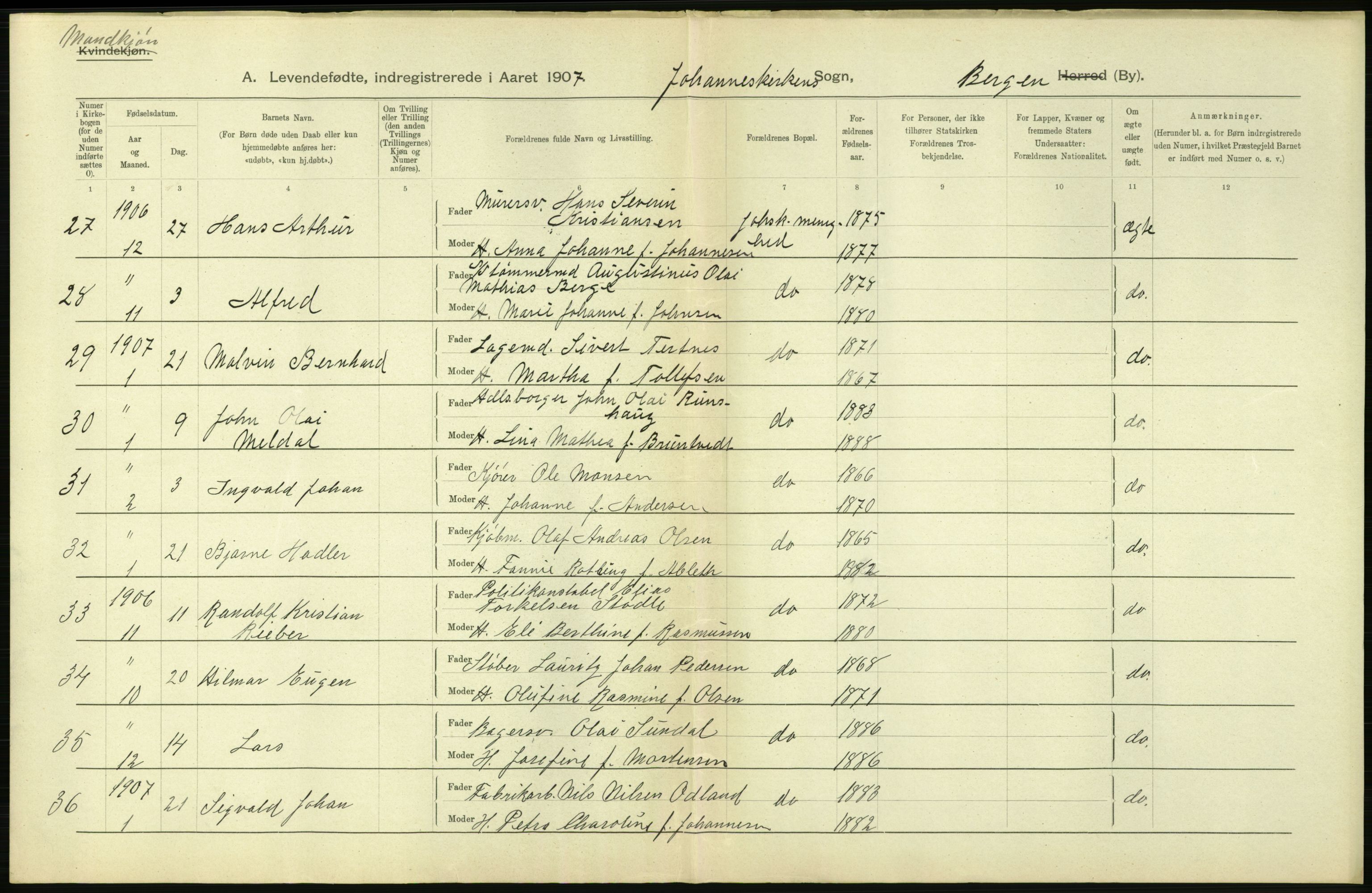 Statistisk sentralbyrå, Sosiodemografiske emner, Befolkning, AV/RA-S-2228/D/Df/Dfa/Dfae/L0030: Bergen: Levendefødte menn og kvinner., 1907, p. 48