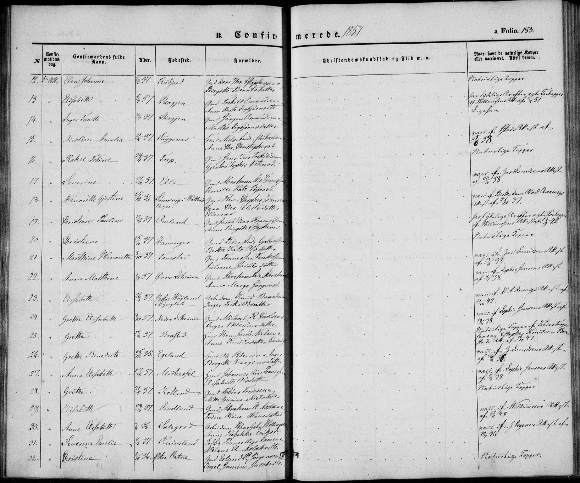 Lista sokneprestkontor, AV/SAK-1111-0027/F/Fb/L0002: Parish register (copy) no. B 2, 1847-1862, p. 183