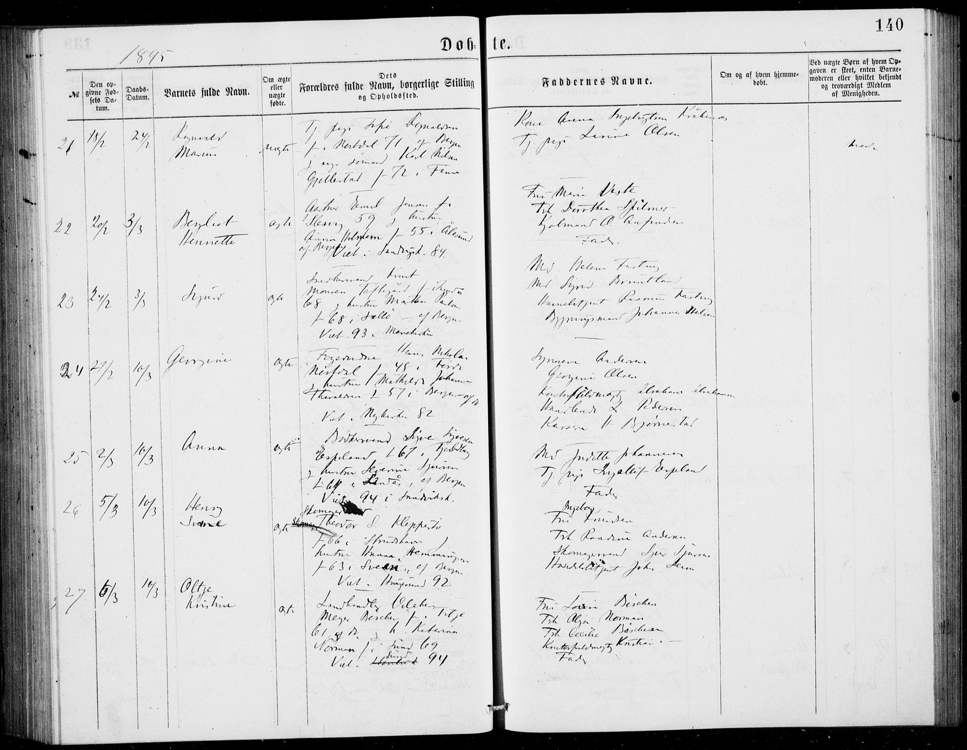 Fødselsstiftelsens sokneprestembete, ført av overlegen*, SAB/-: Parish register (official) no. A 2, 1884-1900, p. 140