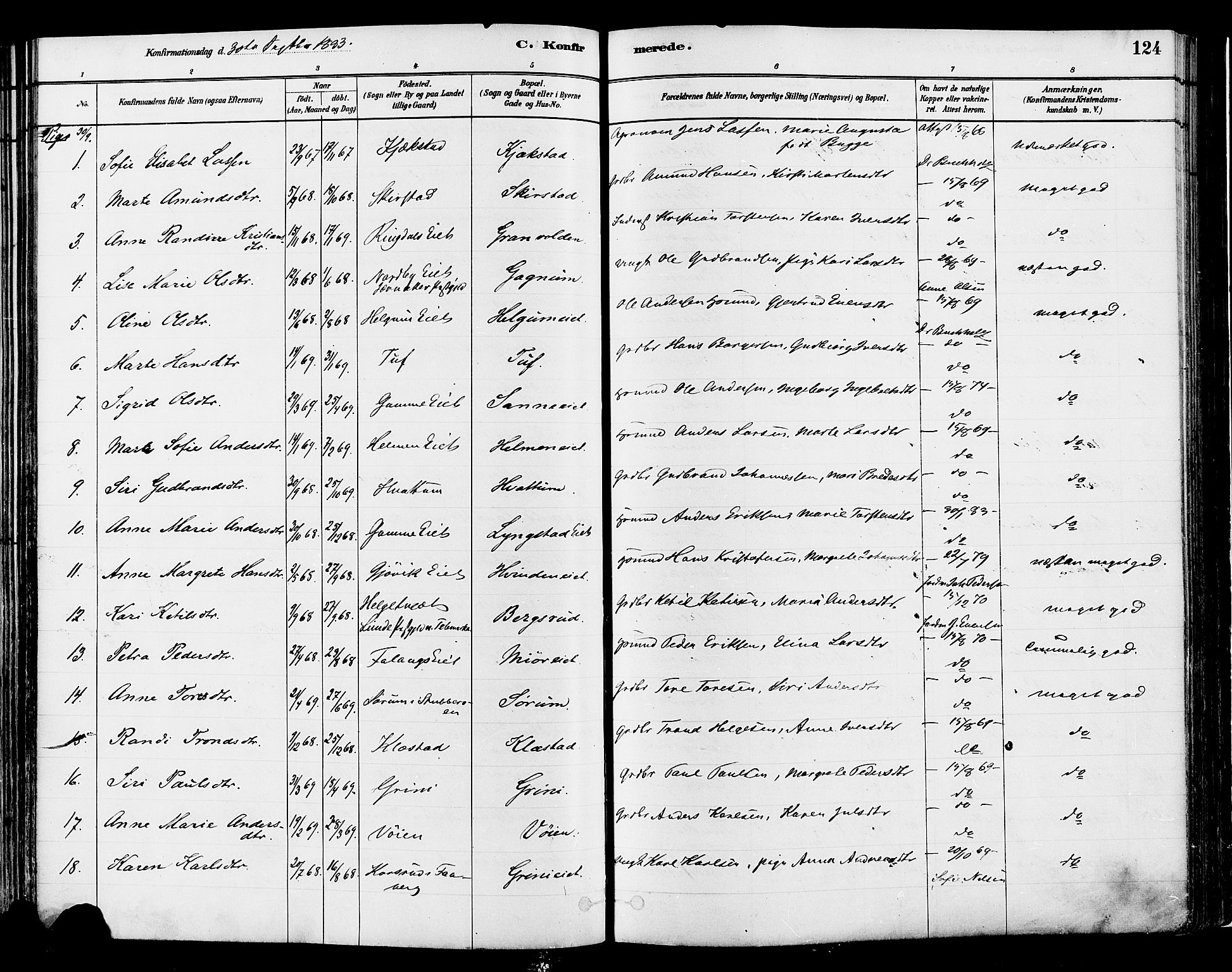 Gran prestekontor, AV/SAH-PREST-112/H/Ha/Haa/L0014: Parish register (official) no. 14, 1880-1889, p. 124