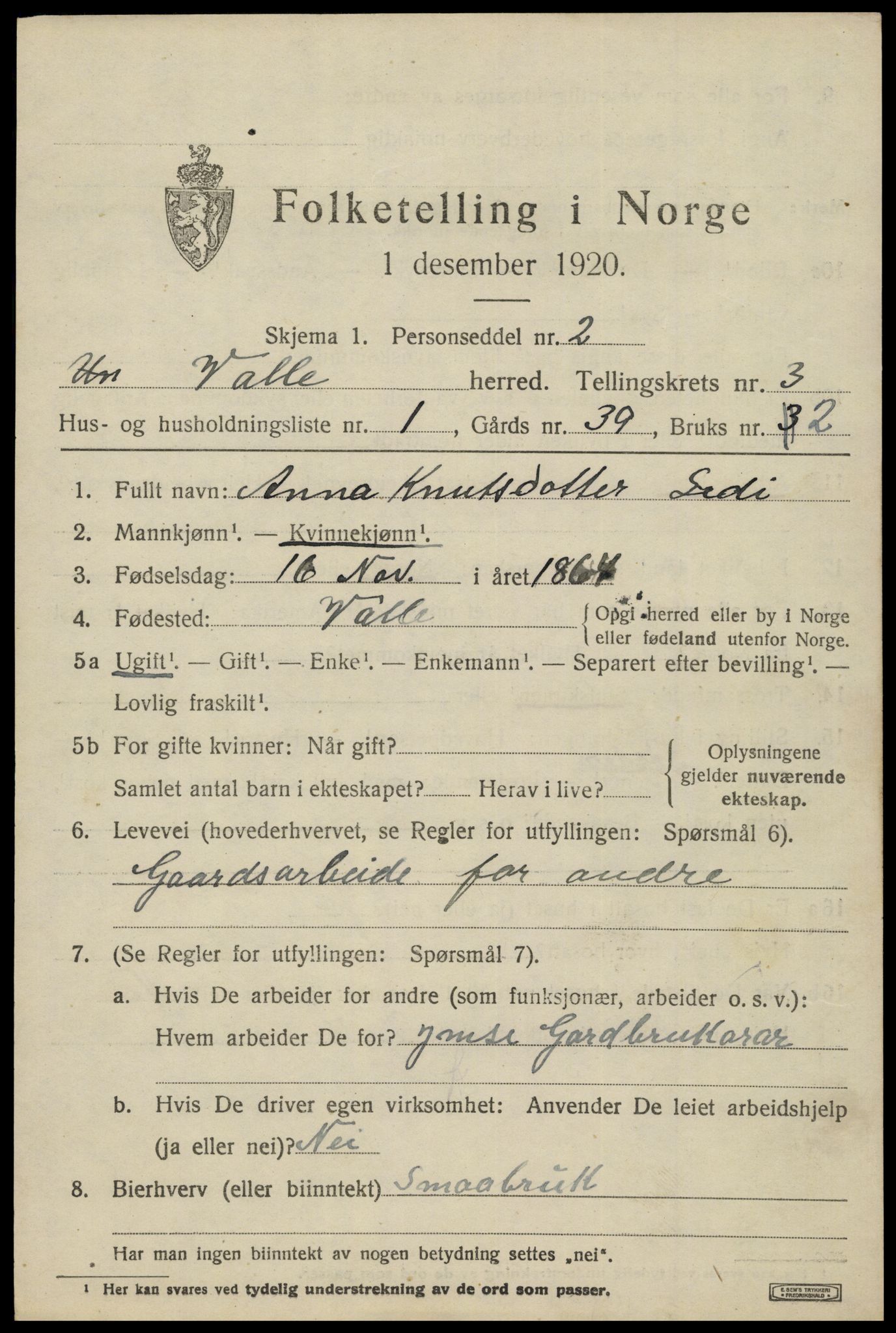 SAK, 1920 census for Valle, 1920, p. 1545