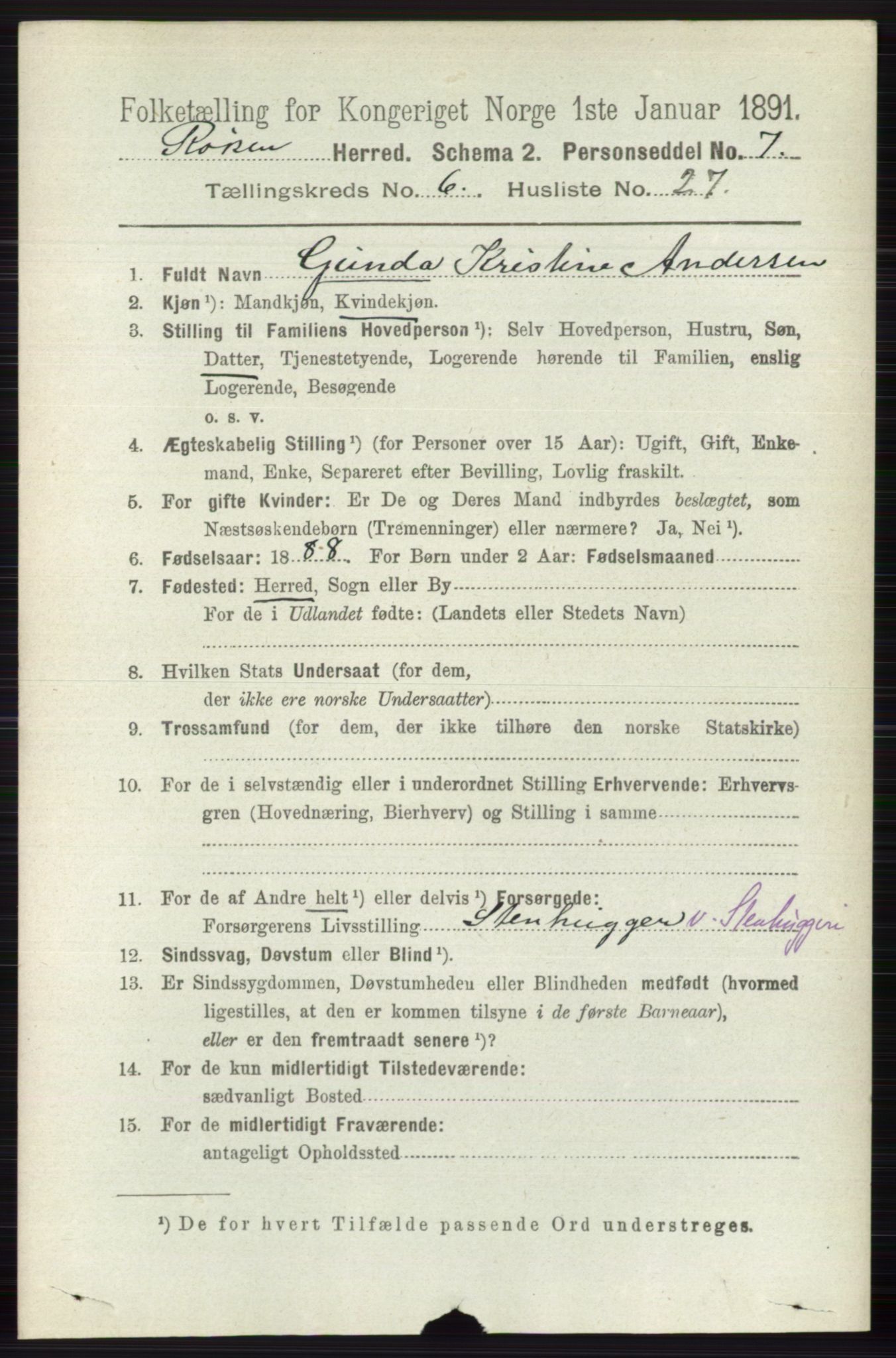 RA, 1891 census for 0627 Røyken, 1891, p. 3775