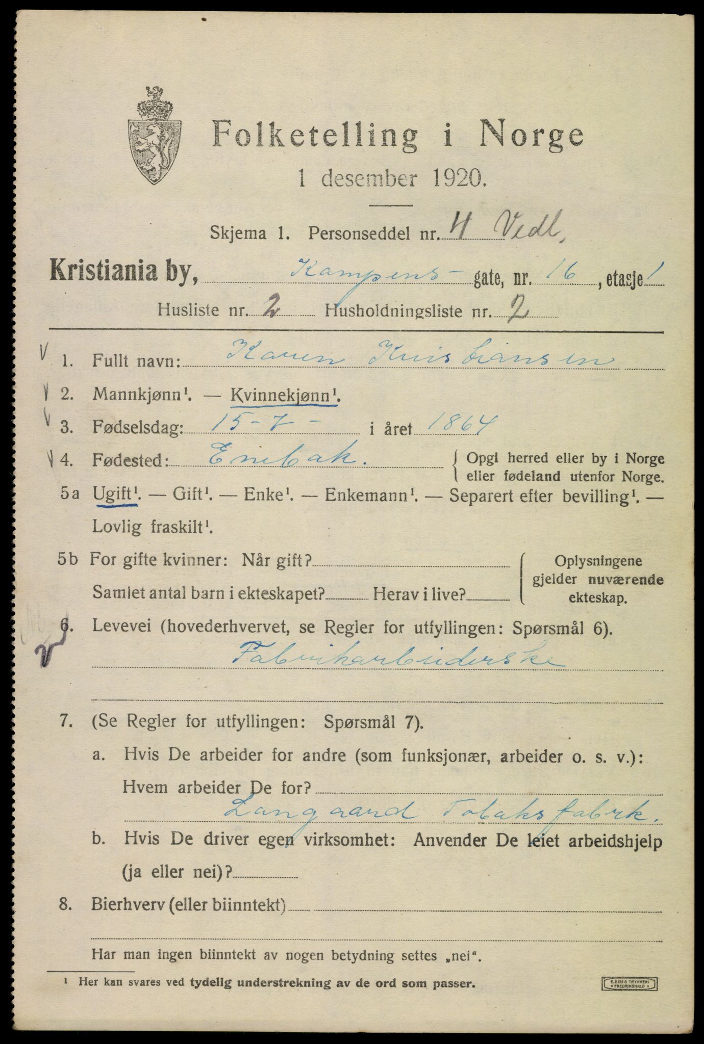 SAO, 1920 census for Kristiania, 1920, p. 326005