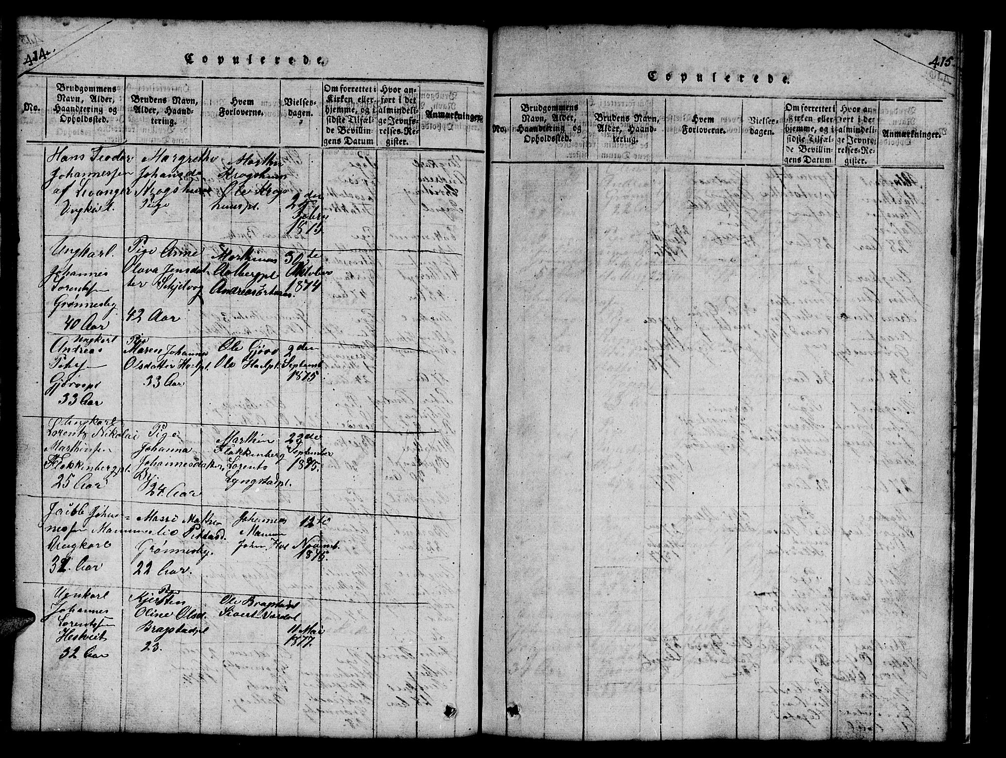 Ministerialprotokoller, klokkerbøker og fødselsregistre - Nord-Trøndelag, SAT/A-1458/732/L0317: Parish register (copy) no. 732C01, 1816-1881, p. 414-415