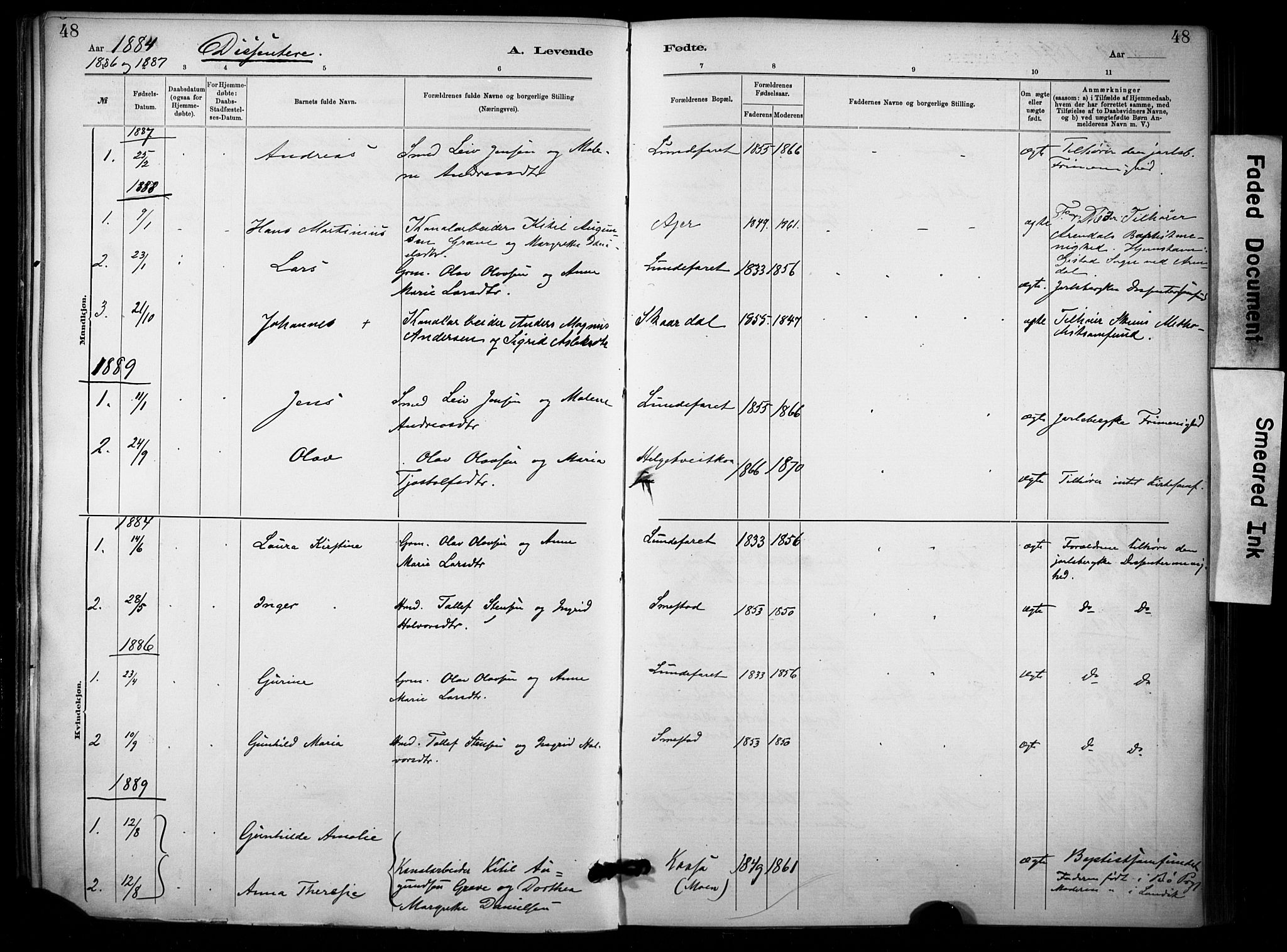Lunde kirkebøker, SAKO/A-282/F/Fa/L0002: Parish register (official) no. I 2, 1884-1892, p. 48