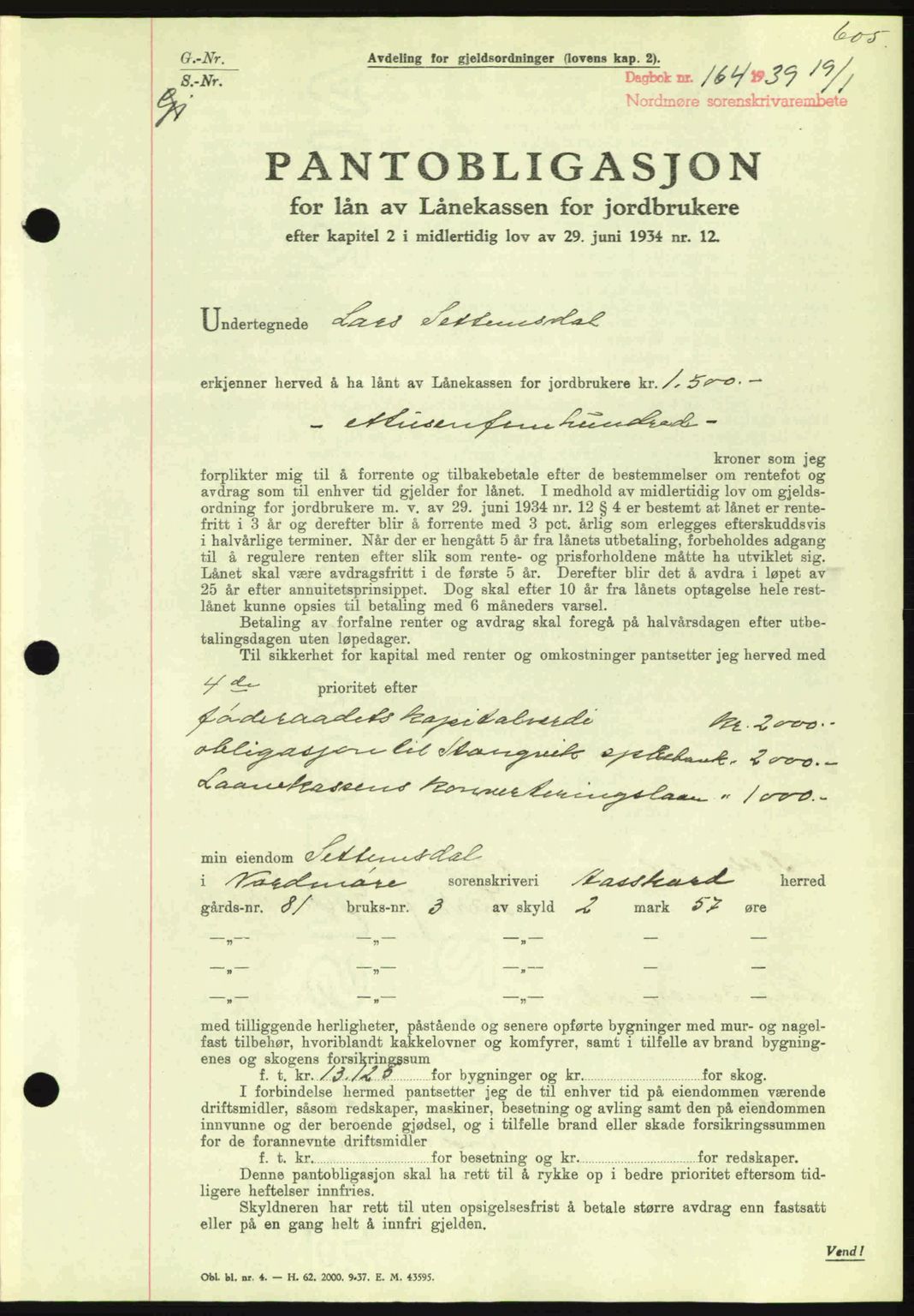 Nordmøre sorenskriveri, SAT/A-4132/1/2/2Ca: Mortgage book no. B84, 1938-1939, Diary no: : 164/1939