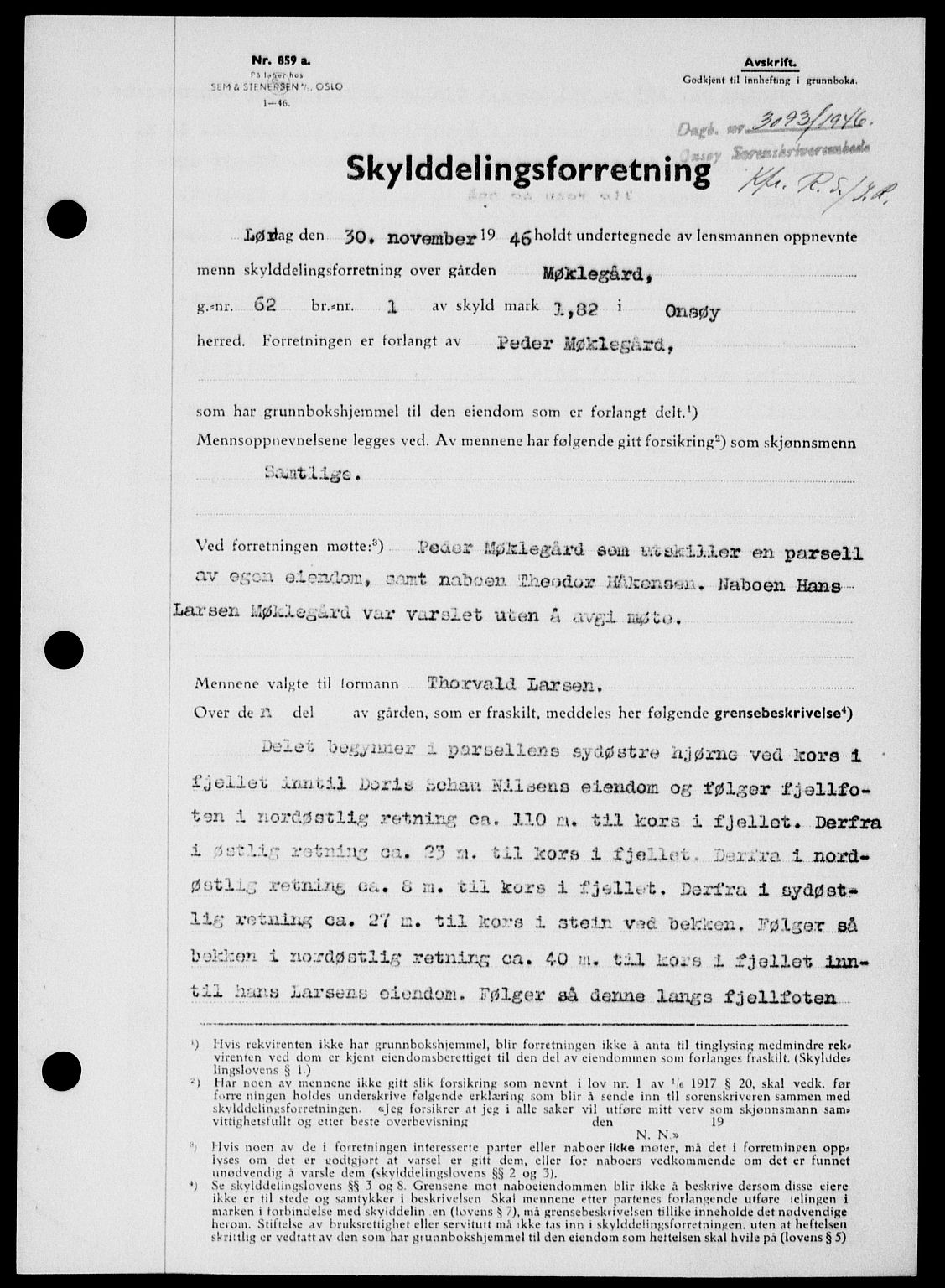 Onsøy sorenskriveri, SAO/A-10474/G/Ga/Gab/L0018: Mortgage book no. II A-18, 1946-1947, Diary no: : 3093/1946