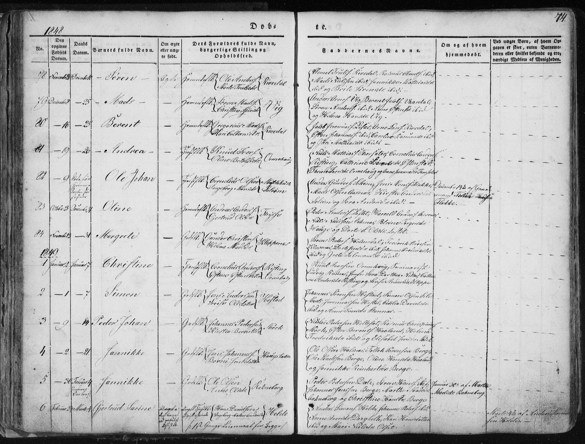 Fjaler sokneprestembete, SAB/A-79801/H/Haa/Haaa/L0006: Parish register (official) no. A 6, 1835-1884, p. 74