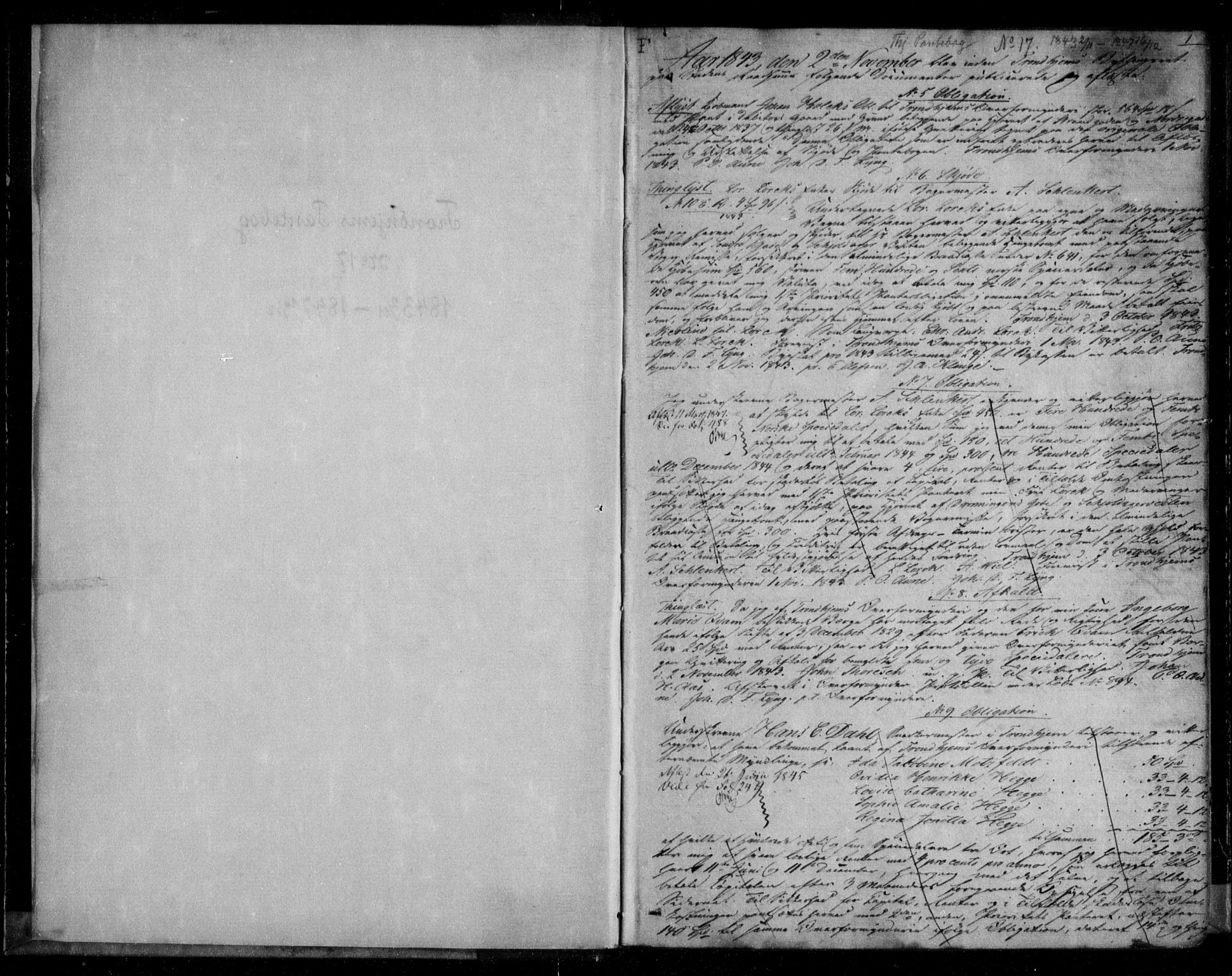 Trondheim byfogd, AV/SAT-A-0003/1/2/2C/L0018: Mortgage book no. 17, 1843-1847, p. 1