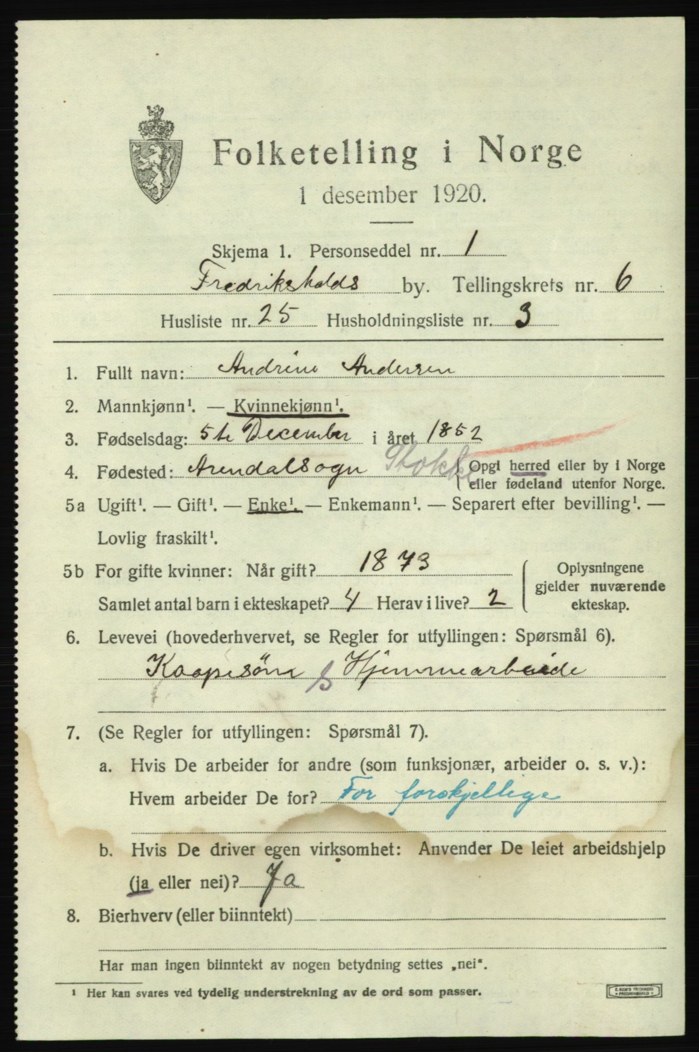 SAO, 1920 census for Fredrikshald, 1920, p. 13634