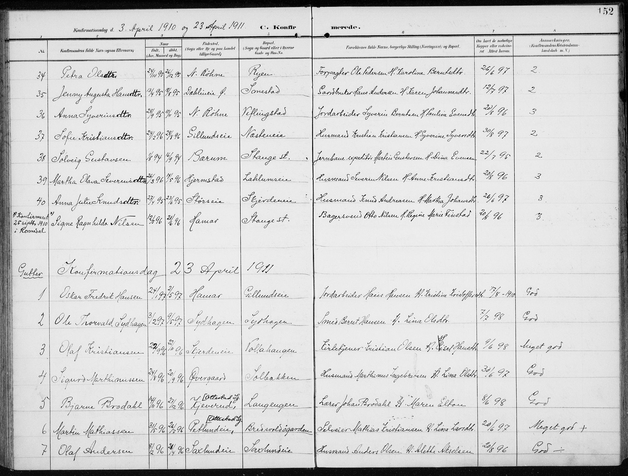 Stange prestekontor, AV/SAH-PREST-002/K/L0024: Parish register (official) no. 24, 1906-1922, p. 152