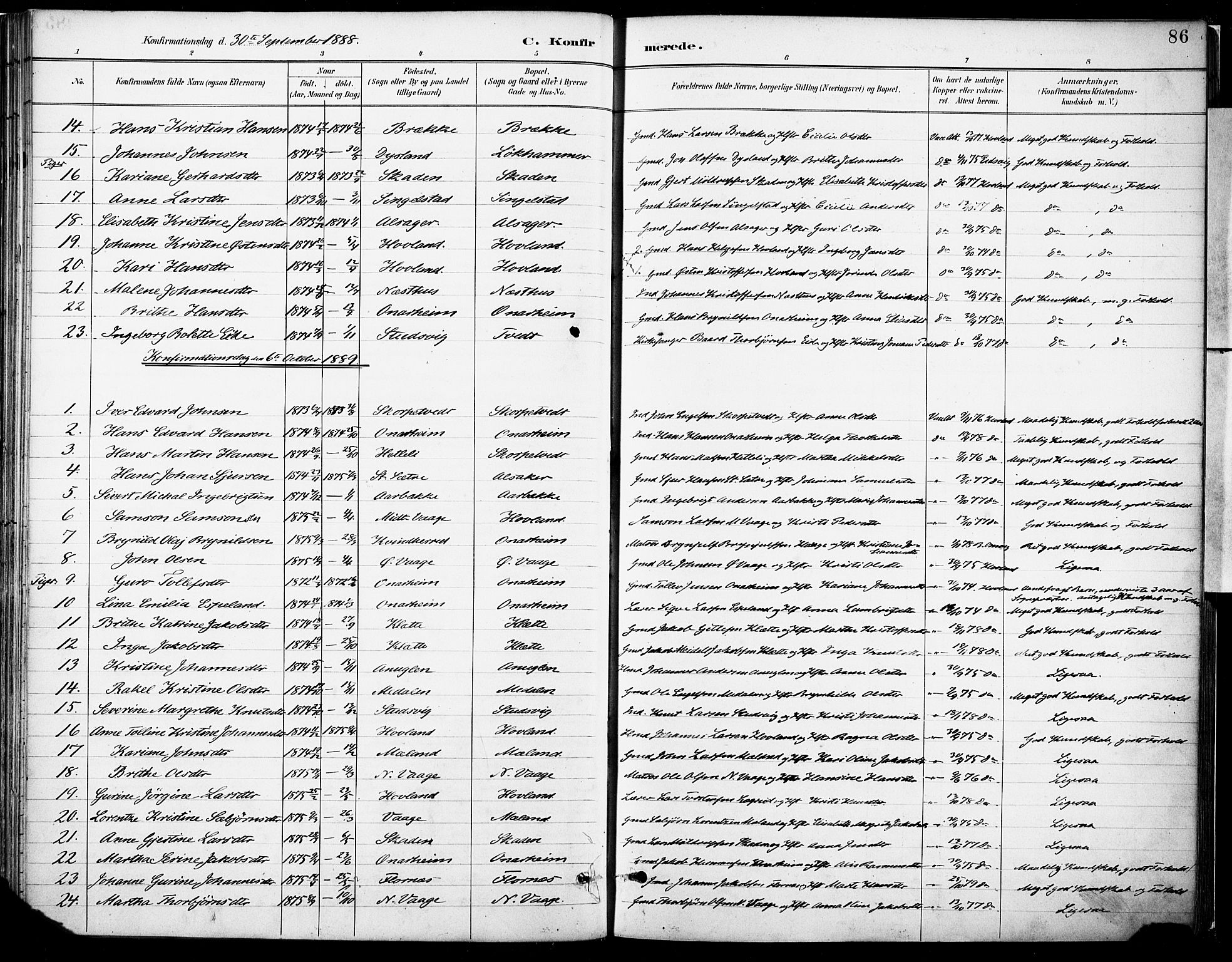 Tysnes sokneprestembete, AV/SAB-A-78601/H/Haa: Parish register (official) no. C 1, 1887-1912, p. 86