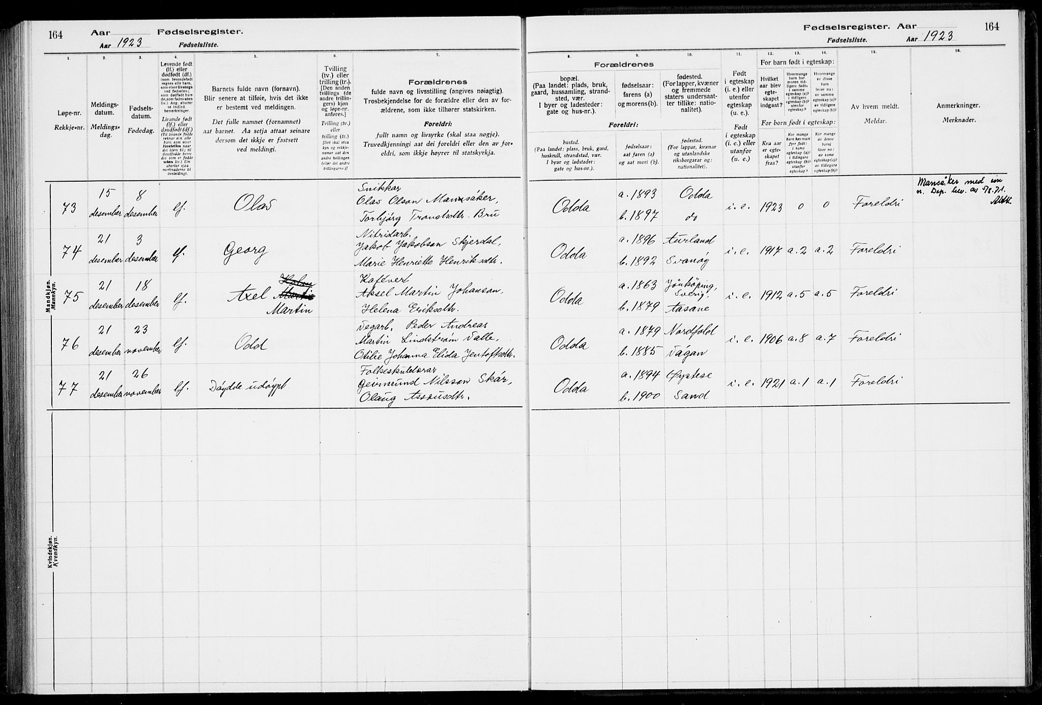 Odda Sokneprestembete, SAB/A-77201/I/Id/L00A1: Birth register no. A 1, 1916-1925, p. 164