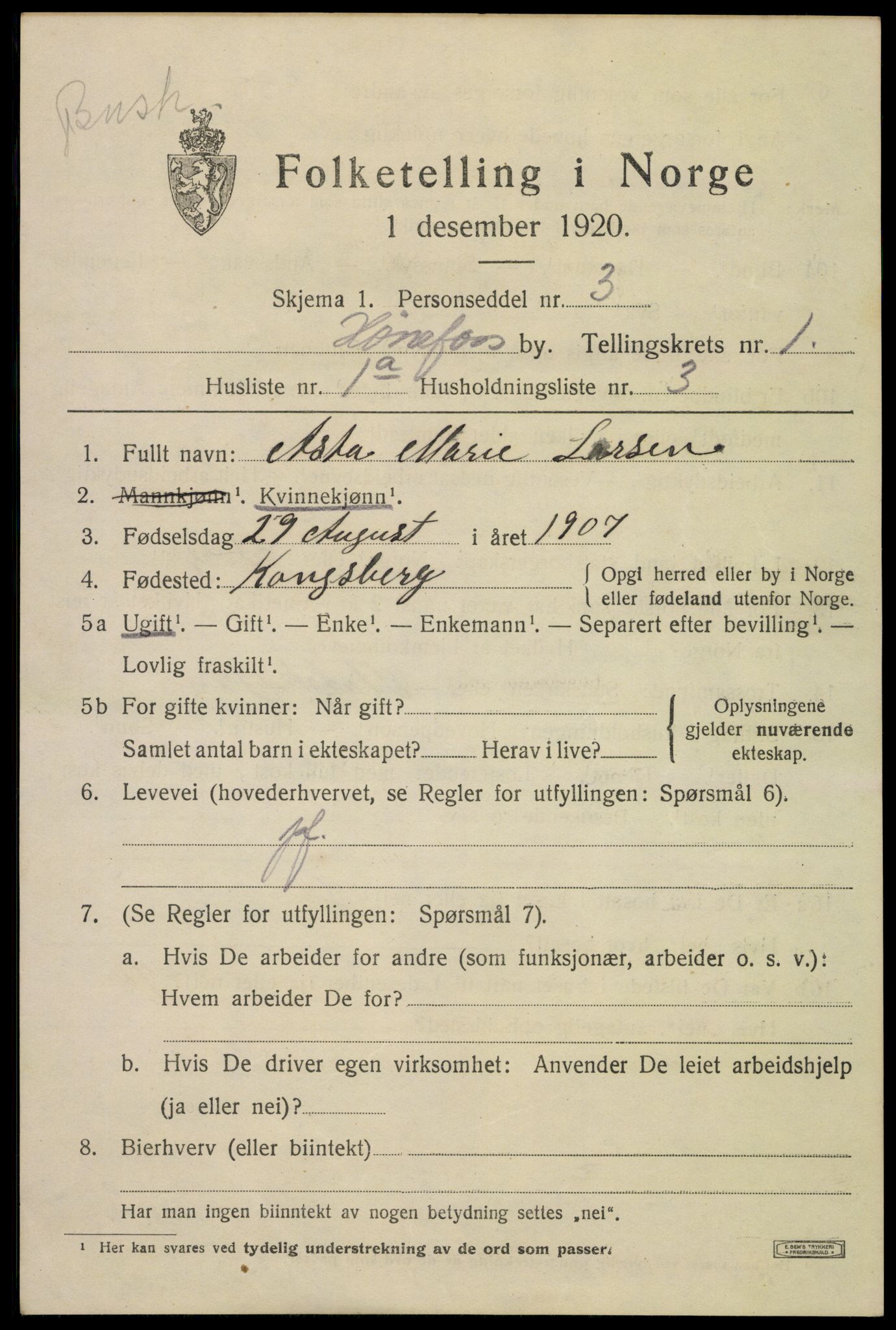 SAKO, 1920 census for Hønefoss, 1920, p. 2278