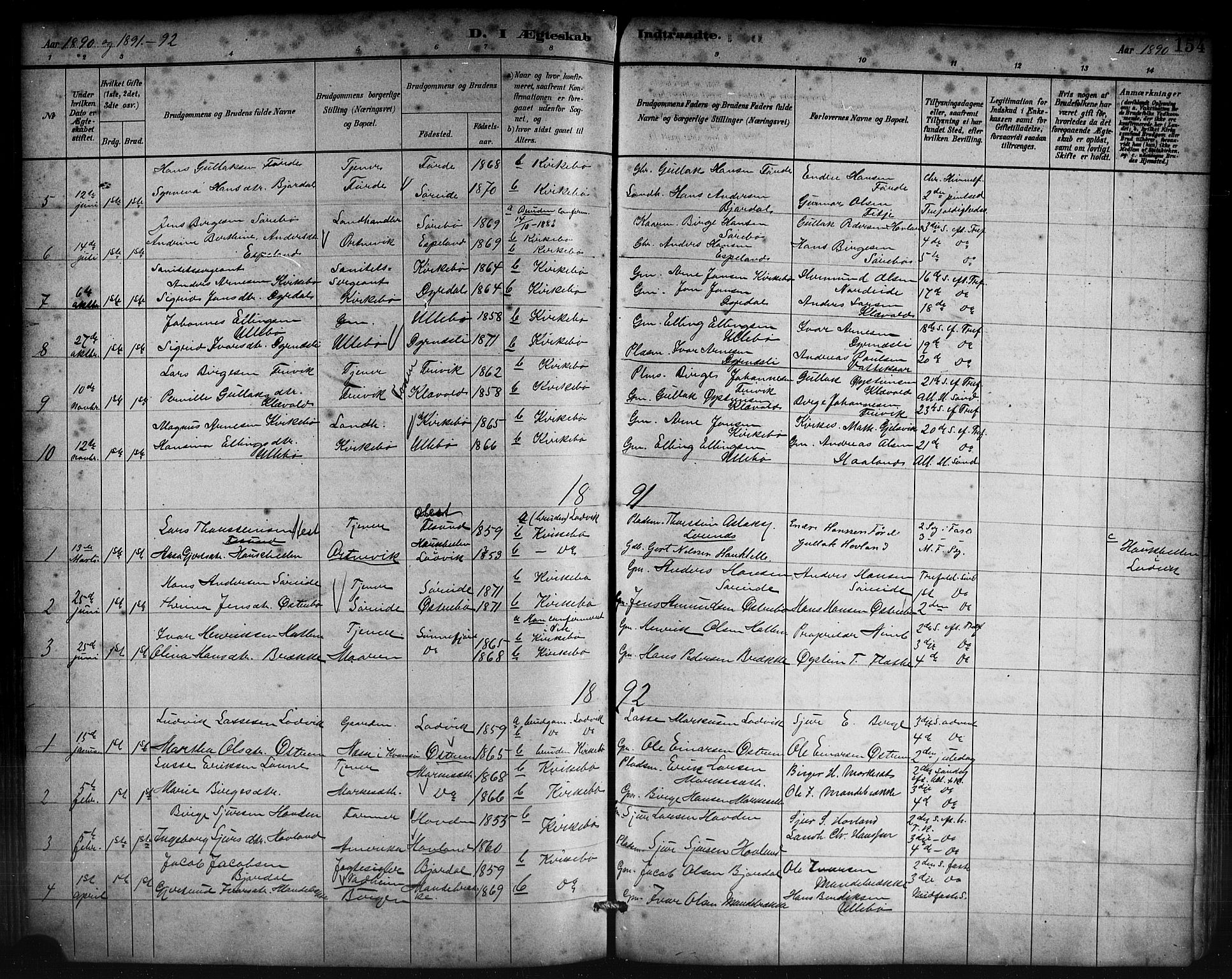 Lavik sokneprestembete, AV/SAB-A-80901: Parish register (copy) no. B 3, 1882-1913, p. 154