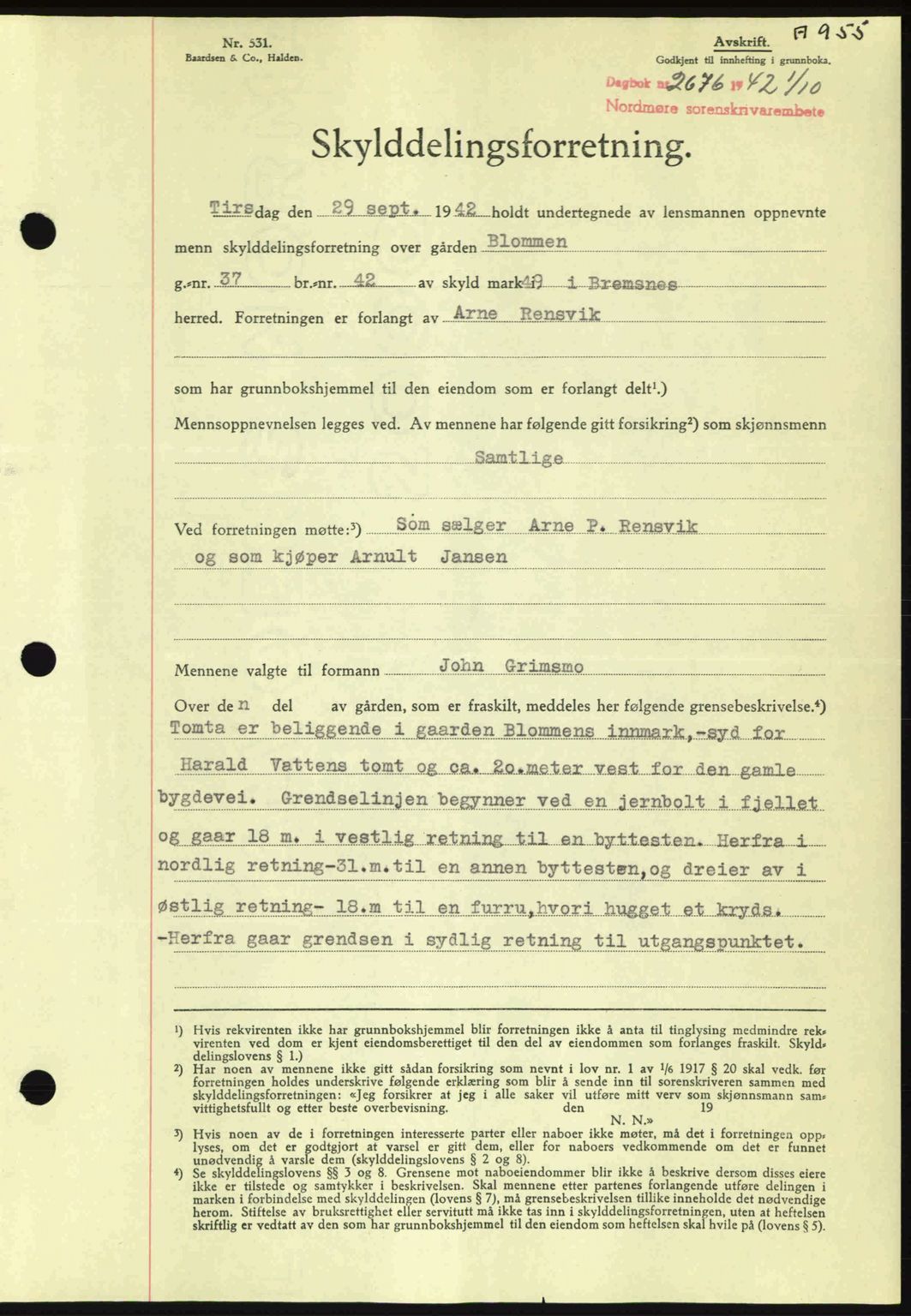 Nordmøre sorenskriveri, AV/SAT-A-4132/1/2/2Ca: Mortgage book no. A93, 1942-1942, Diary no: : 2676/1942