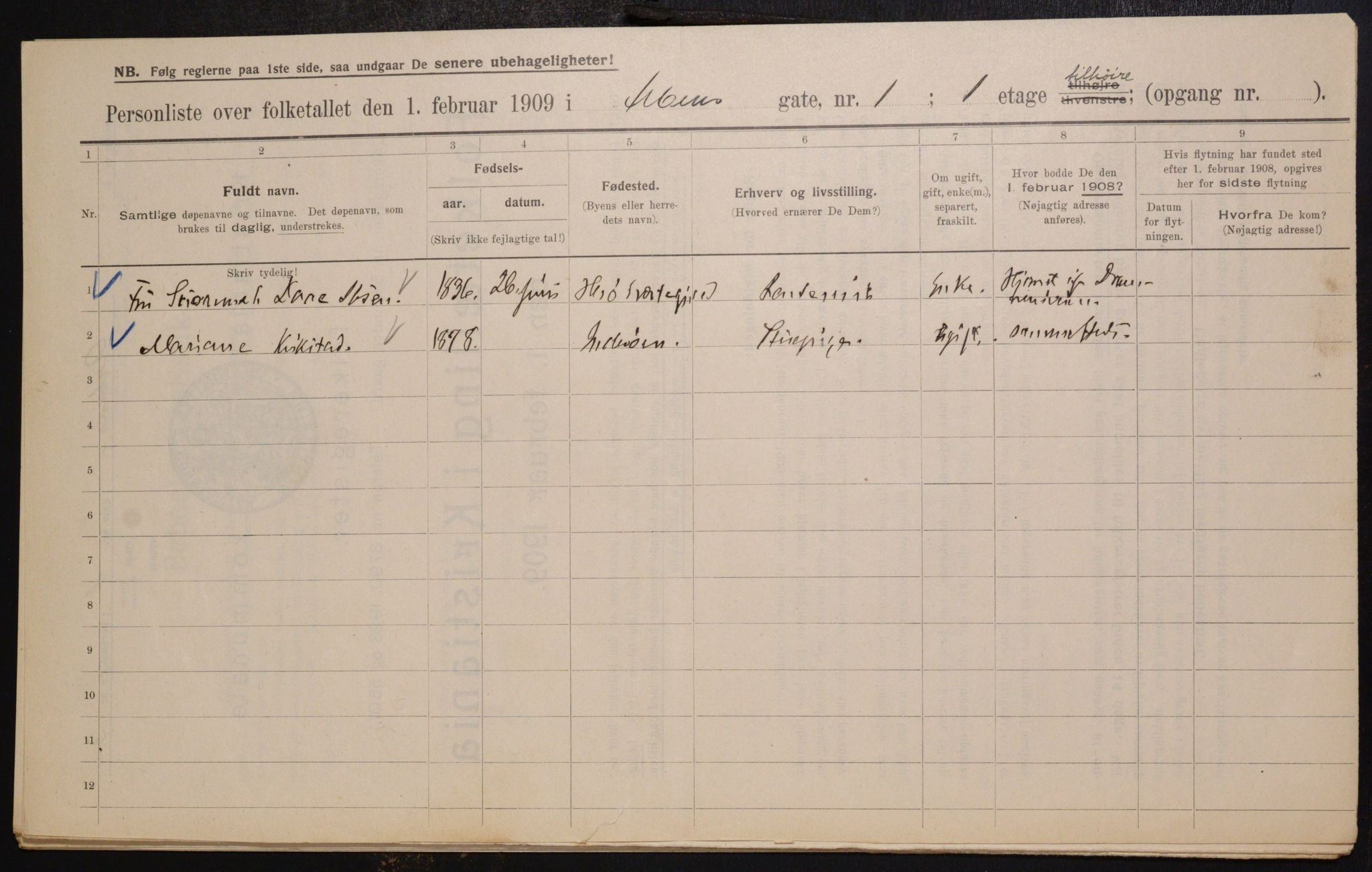 OBA, Municipal Census 1909 for Kristiania, 1909, p. 1538
