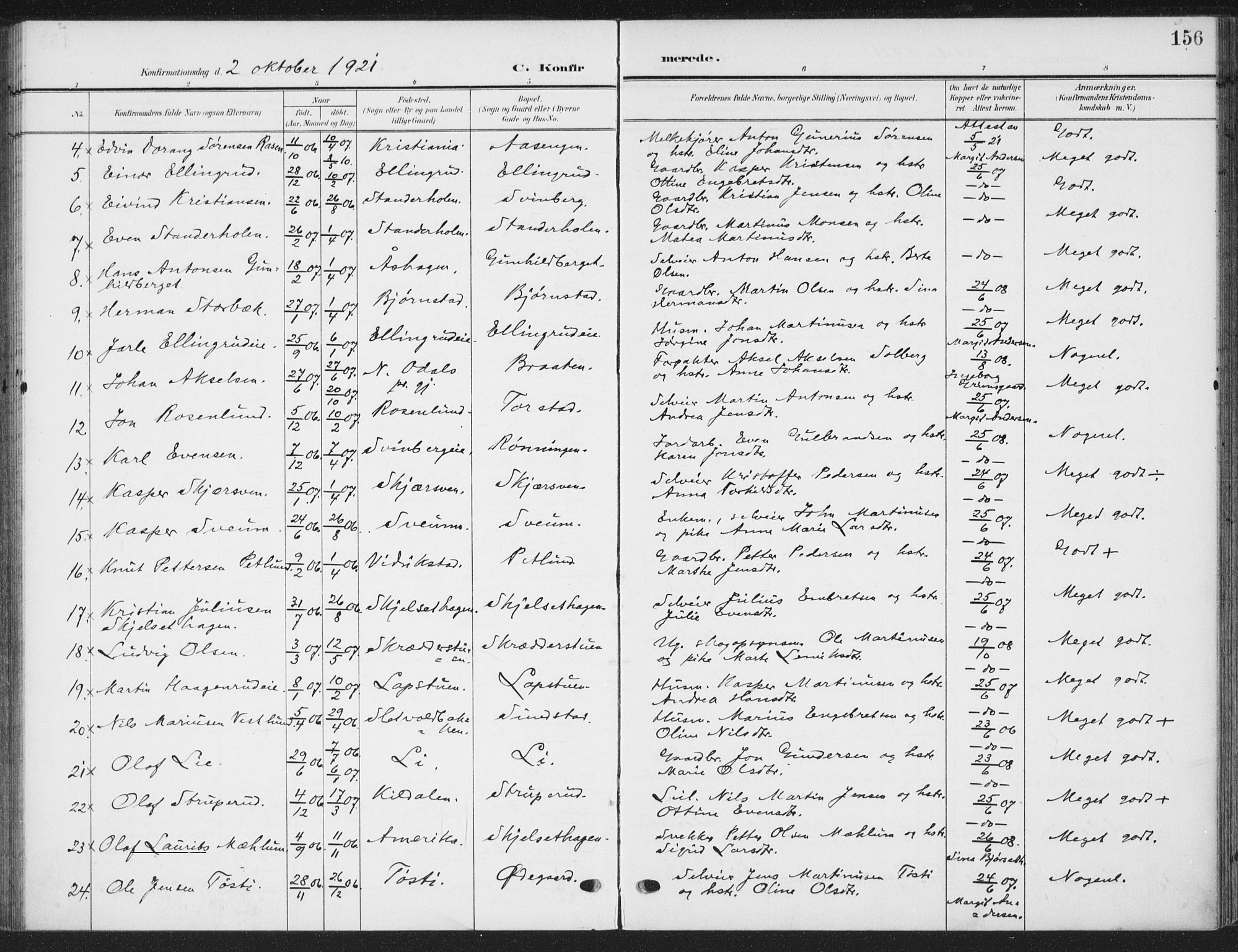 Romedal prestekontor, AV/SAH-PREST-004/K/L0009: Parish register (official) no. 9, 1906-1929, p. 156