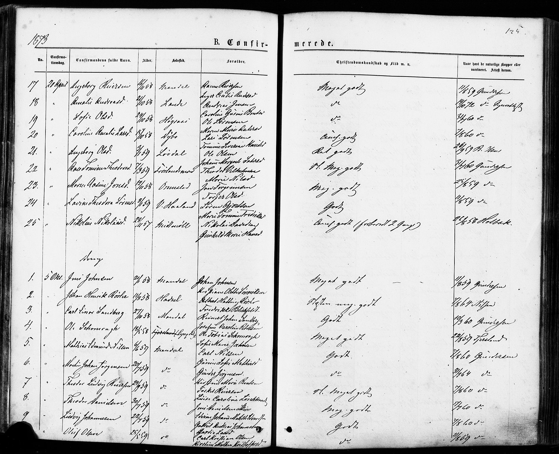 Mandal sokneprestkontor, SAK/1111-0030/F/Fa/Faa/L0015: Parish register (official) no. A 15, 1873-1879, p. 125