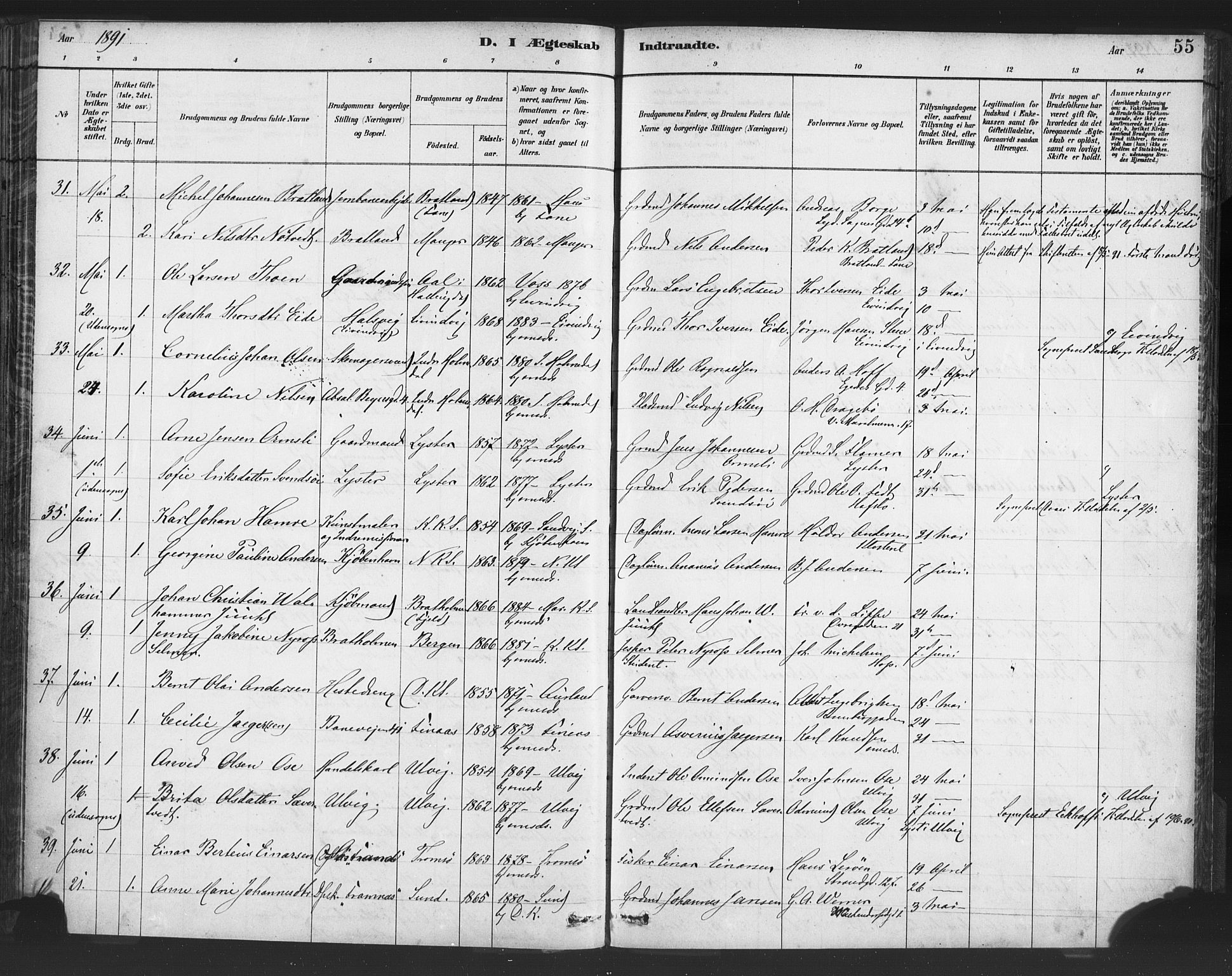 Nykirken Sokneprestembete, SAB/A-77101/H/Haa/L0033: Parish register (official) no. D 3, 1884-1895, p. 55