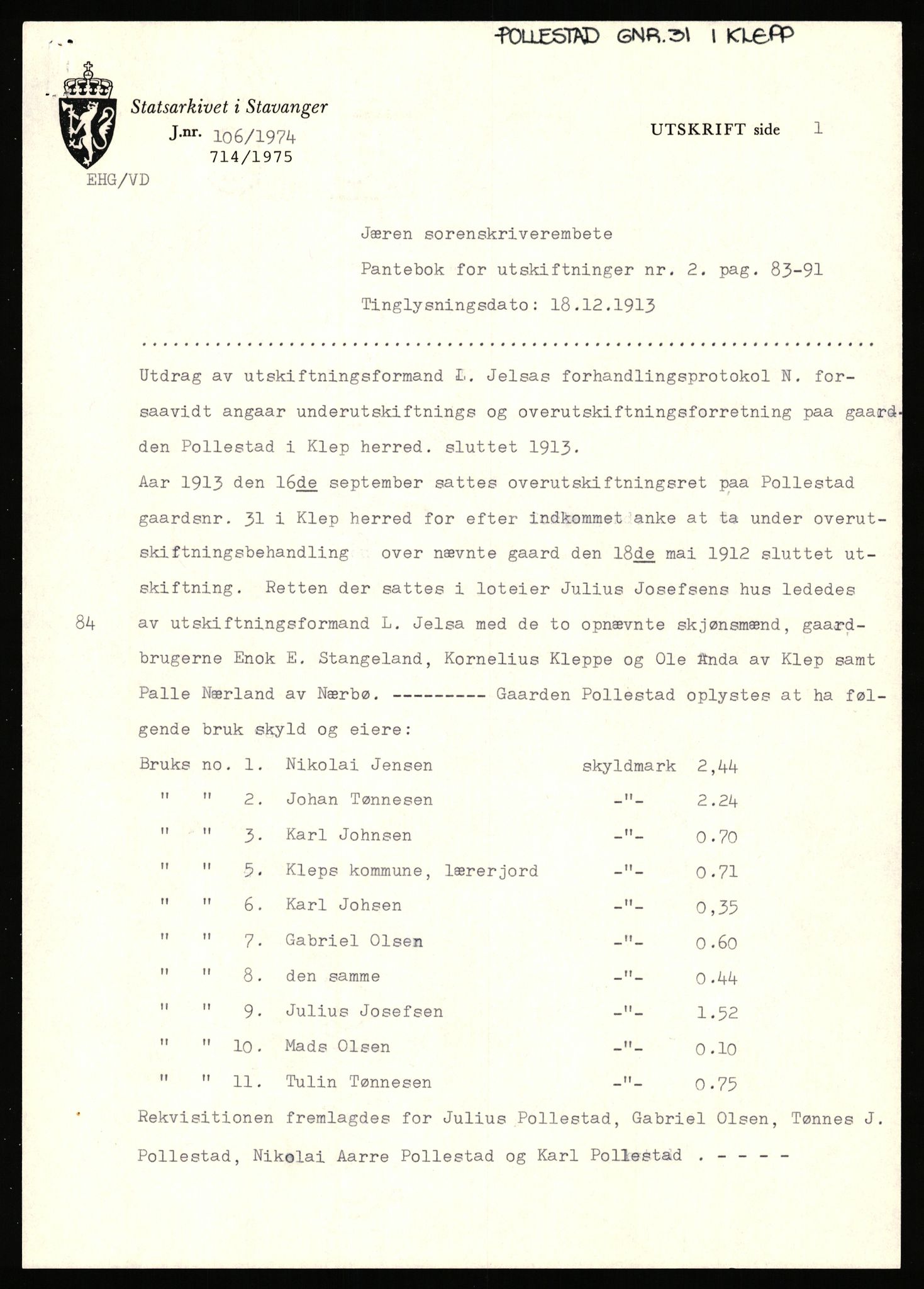 Statsarkivet i Stavanger, AV/SAST-A-101971/03/Y/Yj/L0066: Avskrifter sortert etter gårdsnavn: Pedersro - Prestegården i Suldal, 1750-1930, p. 13