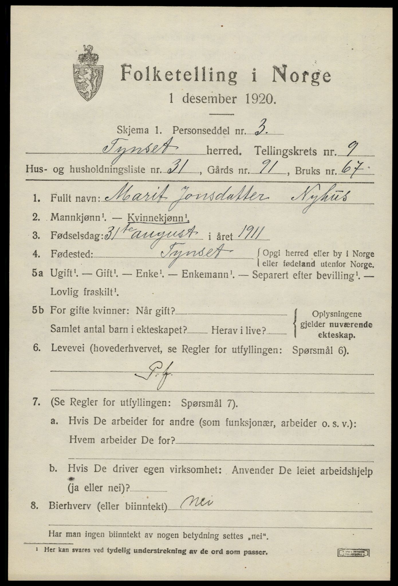 SAH, 1920 census for Tynset, 1920, p. 7508
