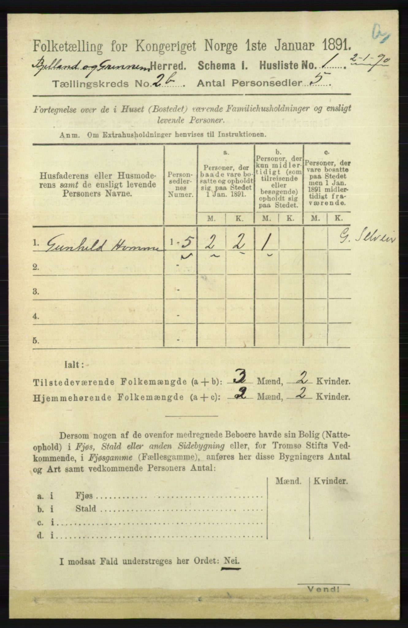 RA, 1891 census for 1024 Bjelland og Grindheim, 1891, p. 1077