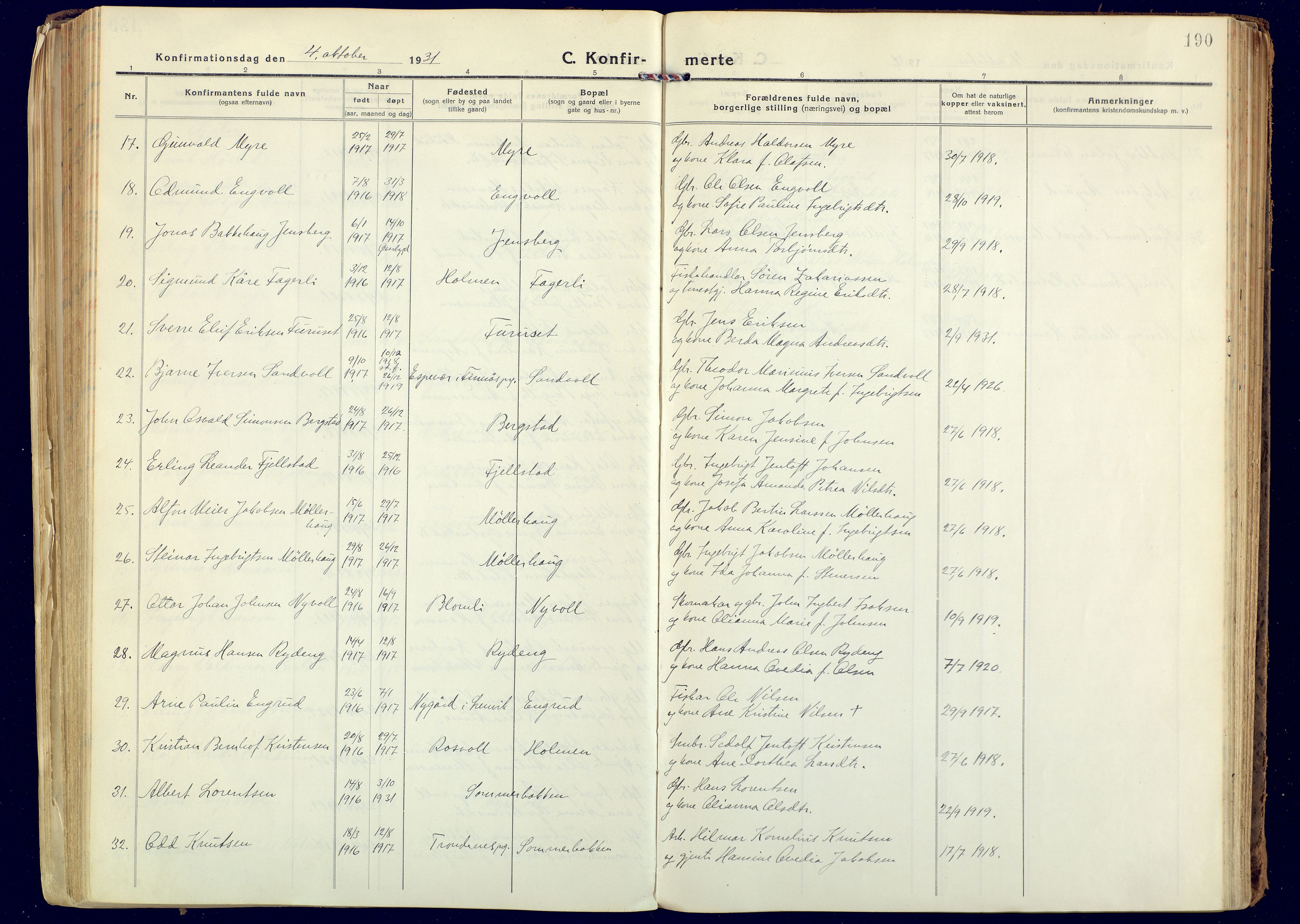 Målselv sokneprestembete, AV/SATØ-S-1311/G/Ga/Gaa/L0014kirke: Parish register (official) no. 14, 1919-1932, p. 190