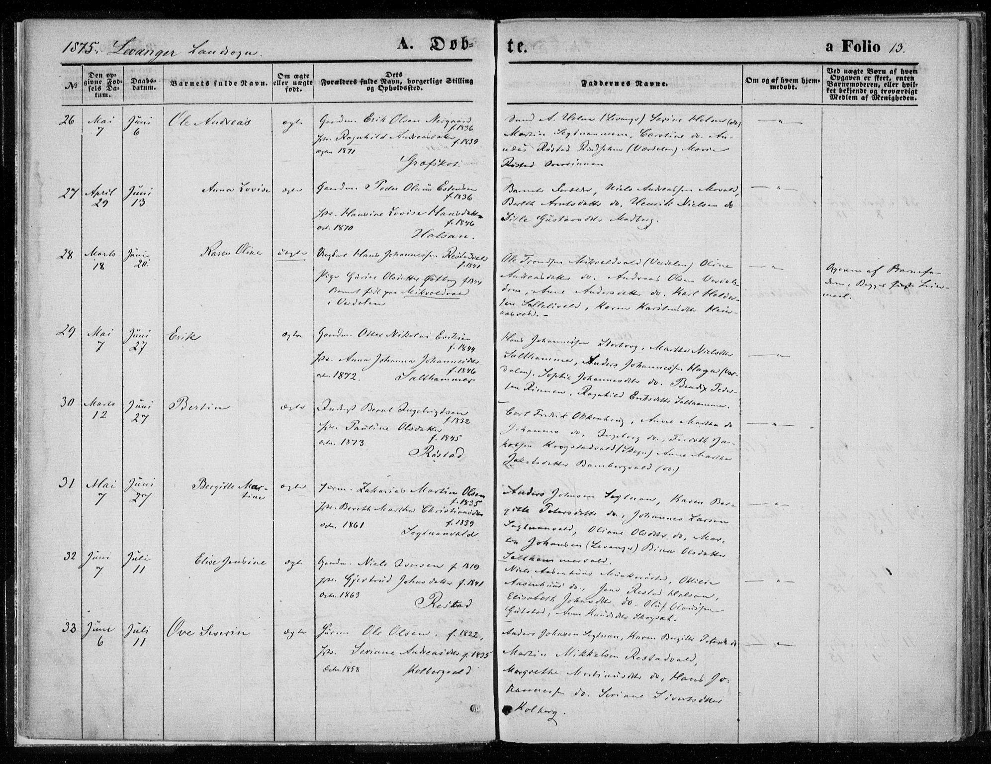 Ministerialprotokoller, klokkerbøker og fødselsregistre - Nord-Trøndelag, AV/SAT-A-1458/720/L0187: Parish register (official) no. 720A04 /2, 1875-1879, p. 13