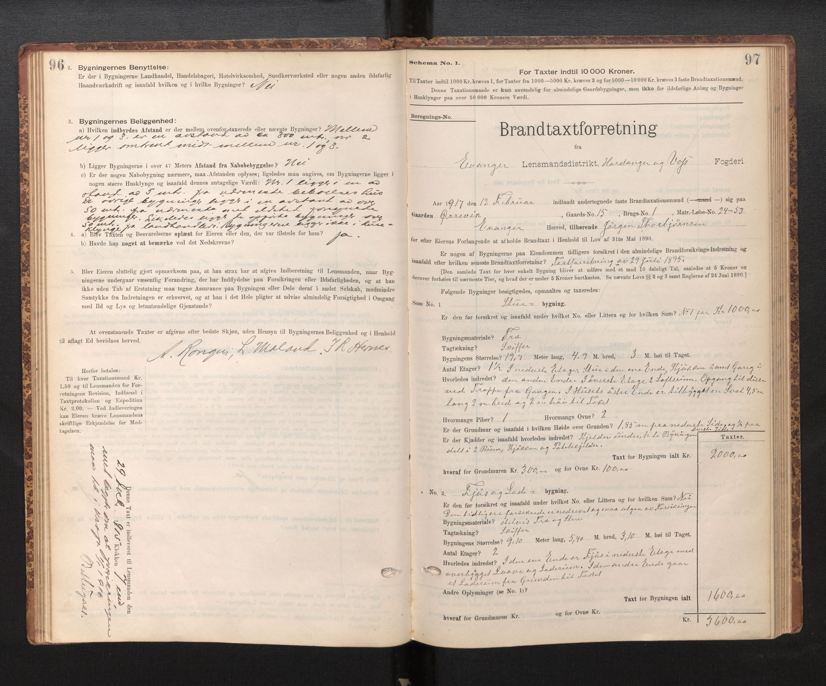 Lensmannen i Evanger, SAB/A-31701/0012/L0005: Branntakstprotokoll, skjematakst, 1895-1935, p. 96-97