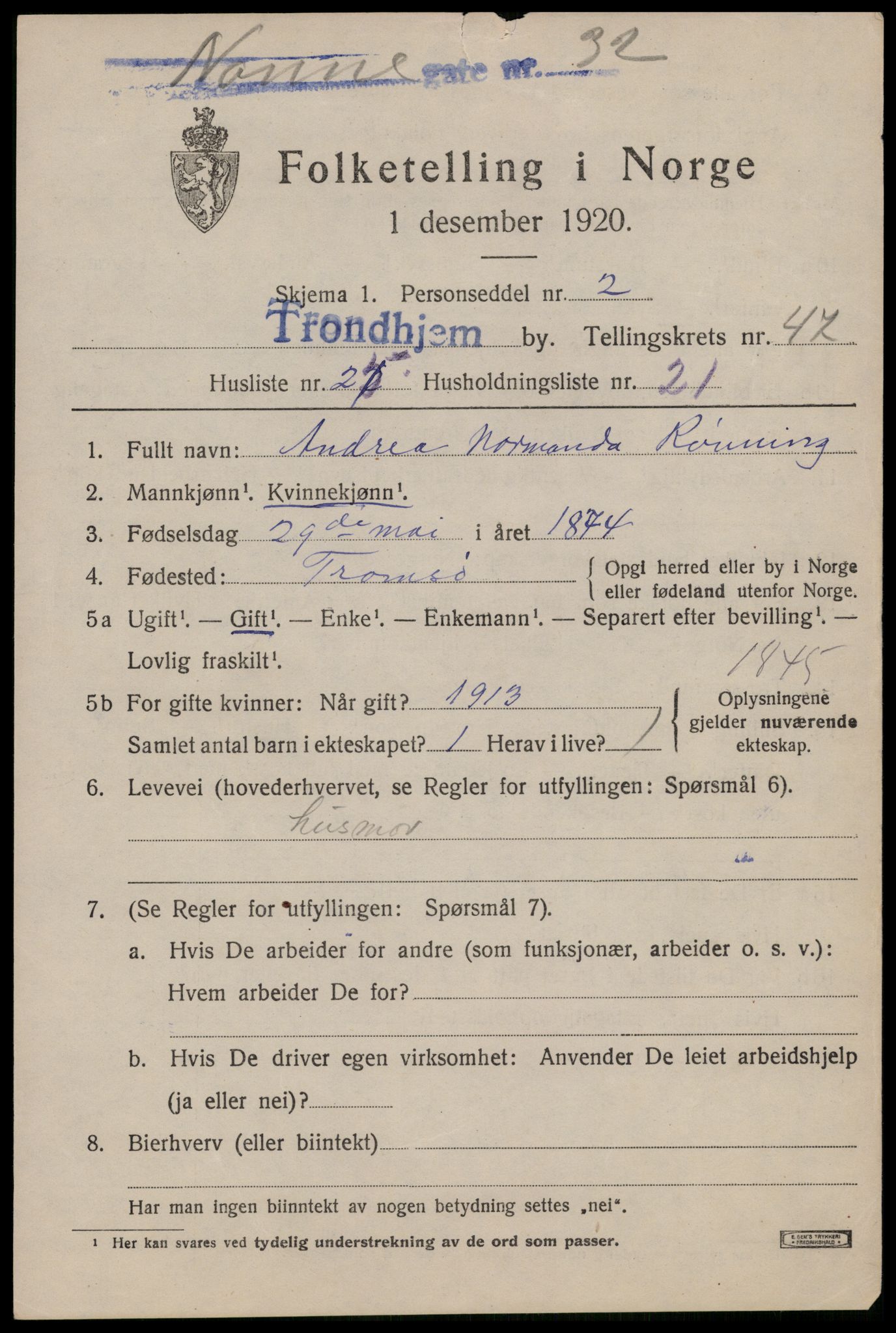 SAT, 1920 census for Trondheim, 1920, p. 100970