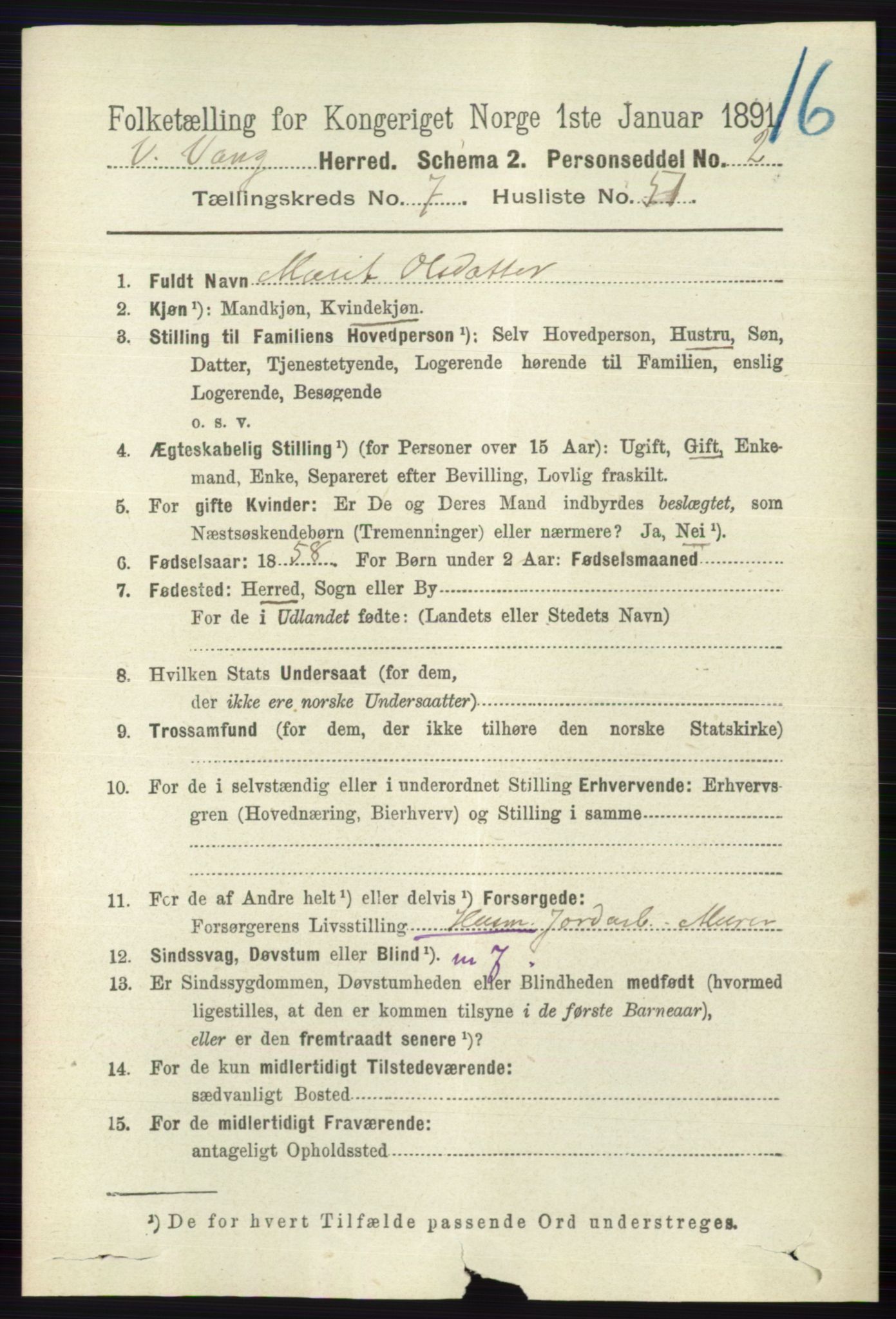 RA, 1891 census for 0545 Vang, 1891, p. 1723