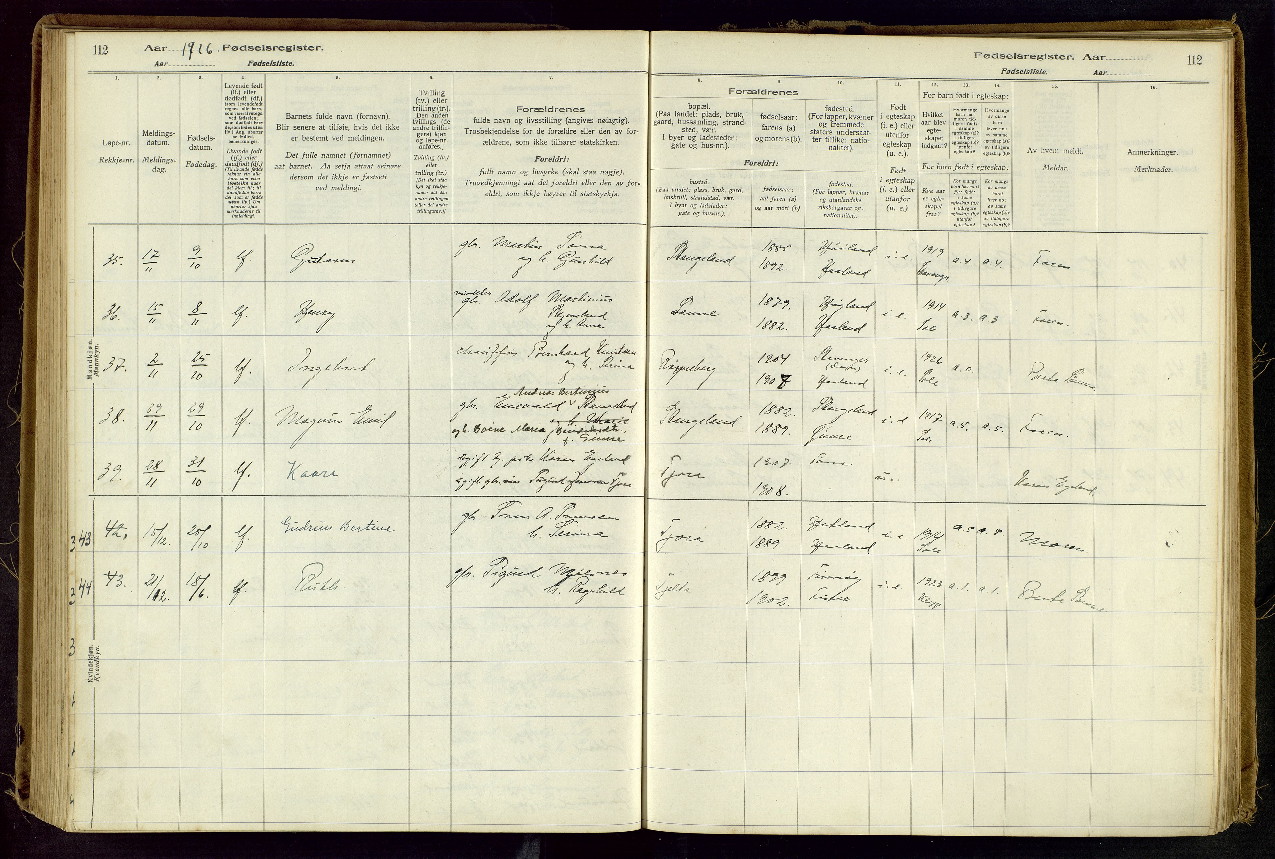 Håland sokneprestkontor, AV/SAST-A-101802/001/704BA/L0001: Birth register no. 1, 1916-1936, p. 112