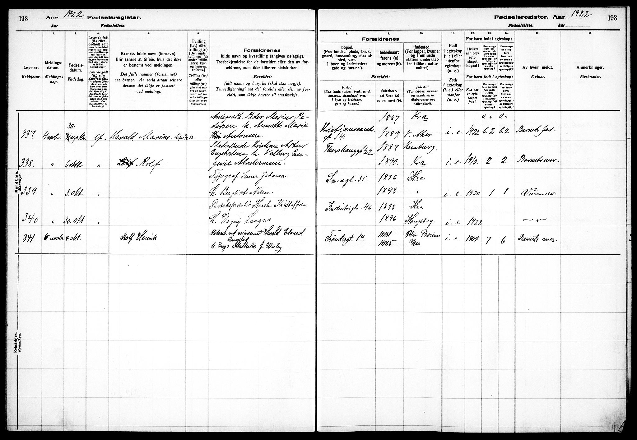 Sagene prestekontor Kirkebøker, AV/SAO-A-10796/J/L0002: Birth register no. 2, 1920-1922, p. 193