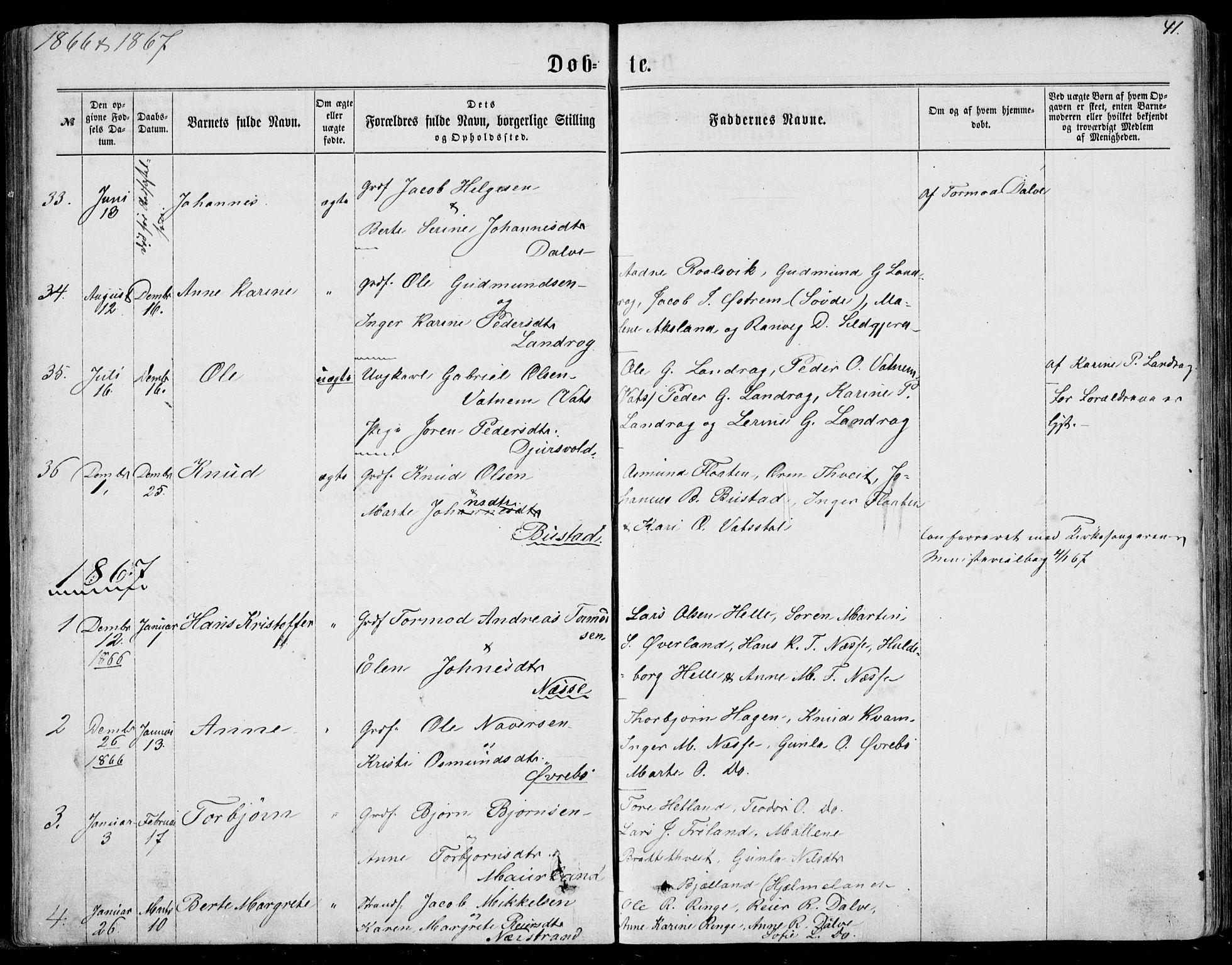 Nedstrand sokneprestkontor, SAST/A-101841/01/IV: Parish register (official) no. A 9, 1861-1876, p. 41